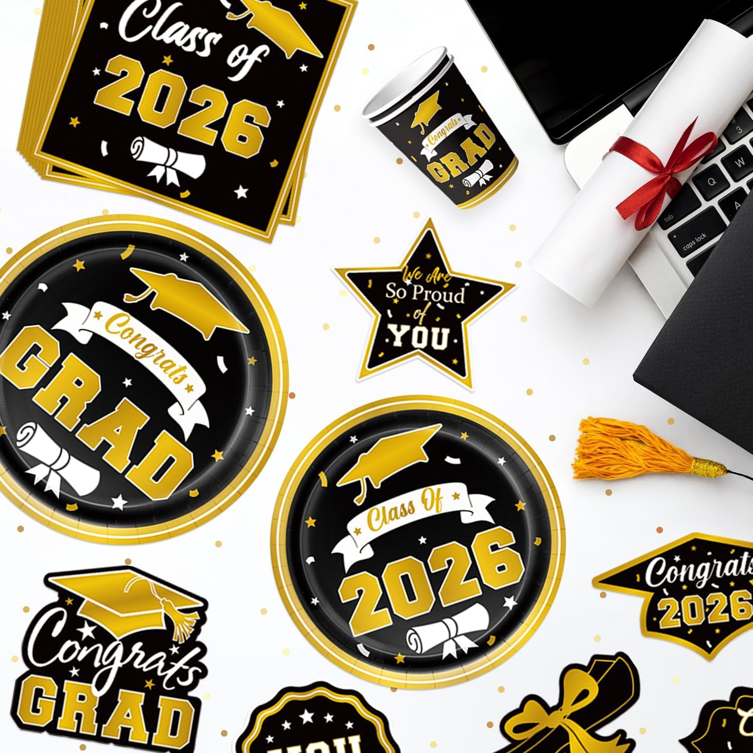 Graduation Decorations 2026 Black and Gold, Congratulations Party Favors Supplies Paper Plates Napkins Cups Tablecloth for 25 Guests, Disposable Tableware Accessories for College & Middle School