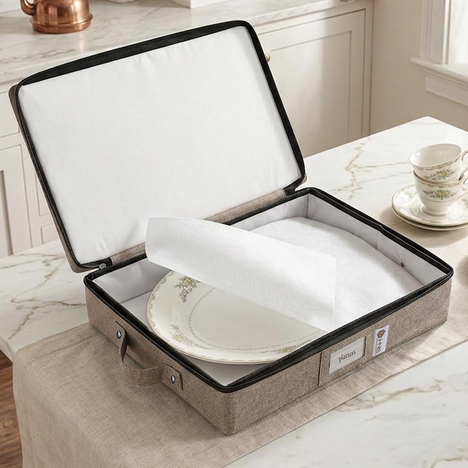 Platter Storage Containers - Hard Shell Protection for Fine China, Sturdy Dish Organizer with Dividers for Seasonal Storage, Moving & More - Protects up to 4 Platters (Brown)