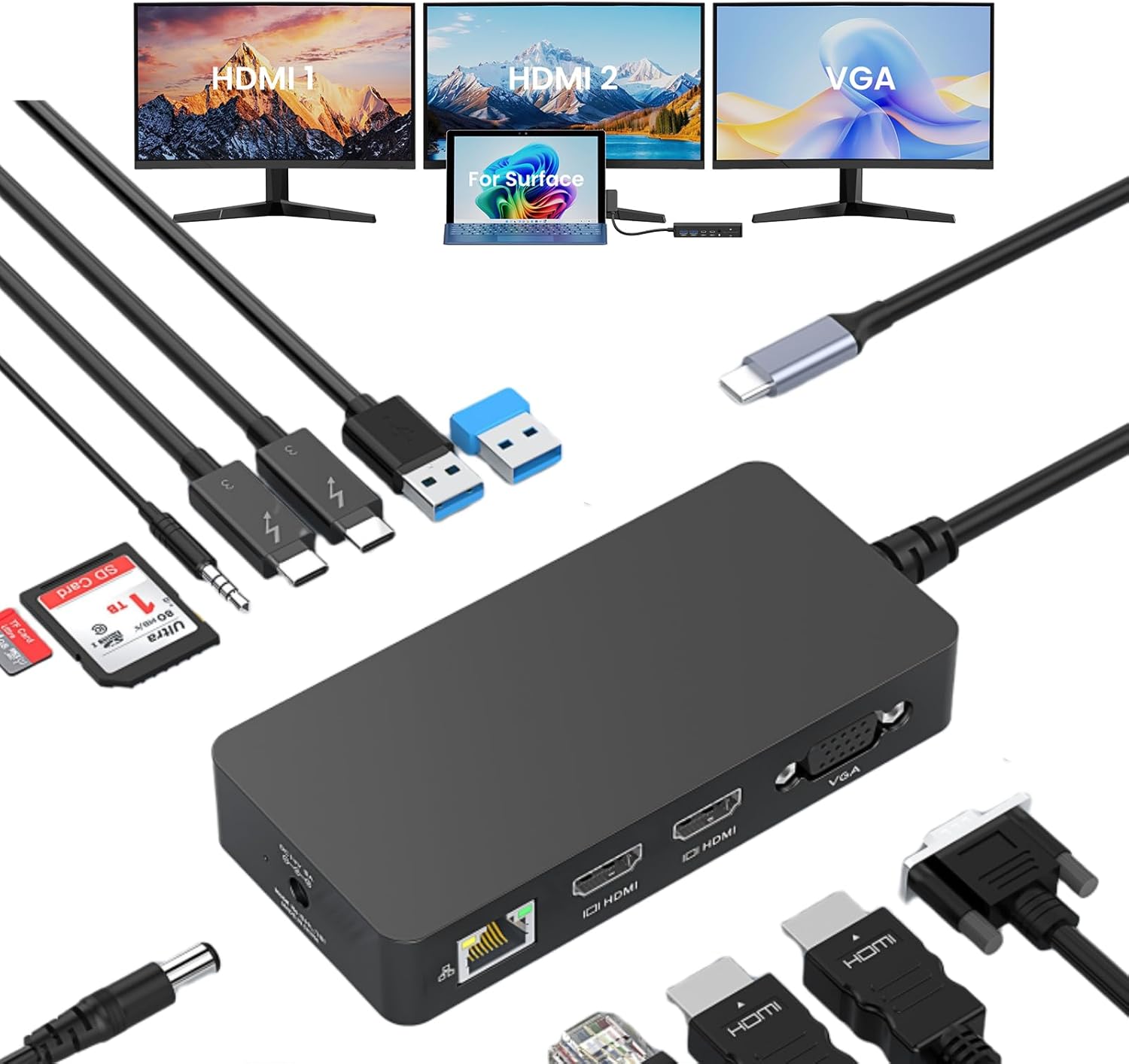 2026 New Surface Thunderbolt 4 Dock Triple Displays 4K HDMI*2+VGA, 12 in 1 Surface Pro Docking Station with Power Adapter for Surface Pro 11/10/9/8/X/7/6/5/4/3, Surface Laptop, Surface Book Go