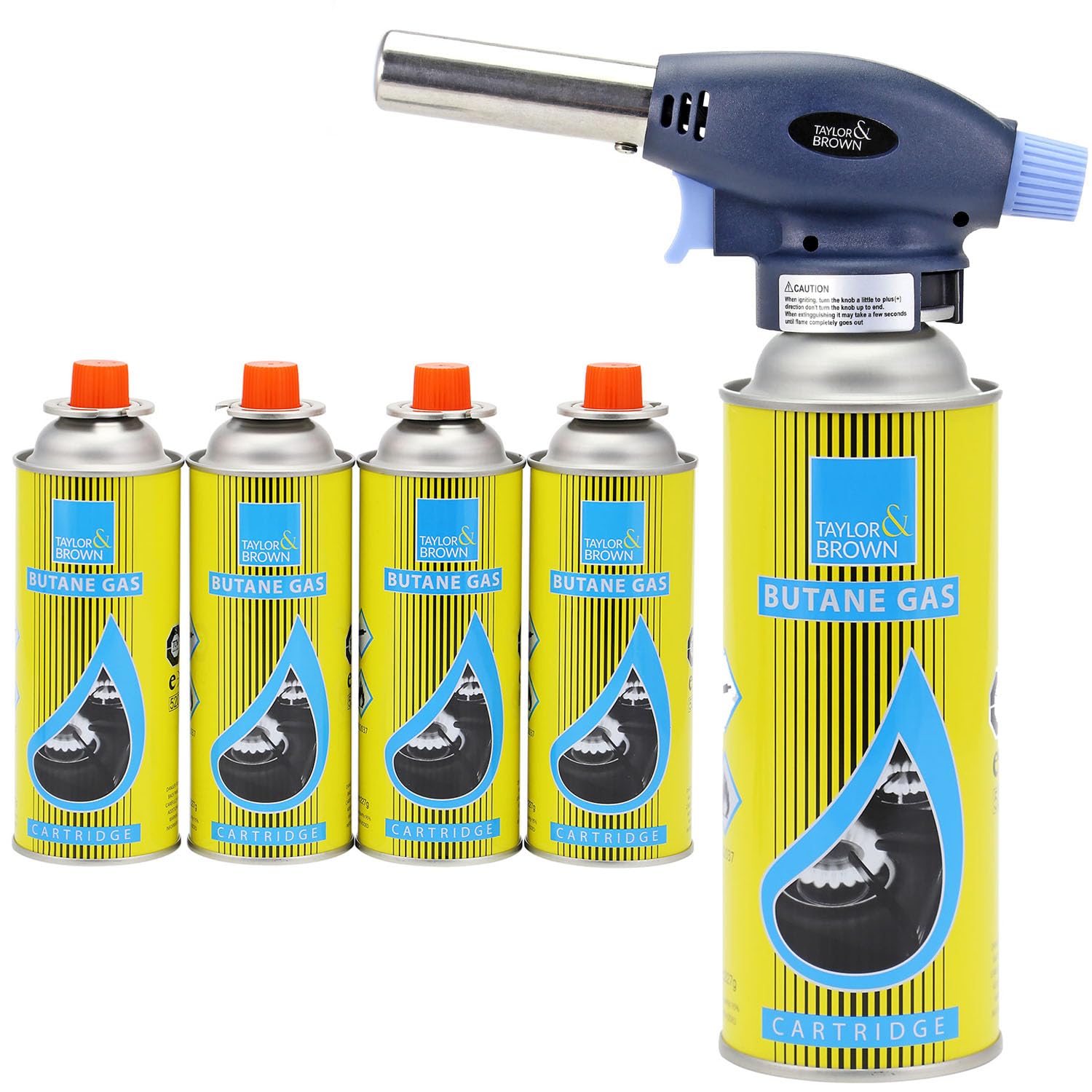 Taylor & Brown Blue Blow Torch With 4 Butane Gas Bottles - For Camping, Cooking, Kitchen, Bbq, Desserts, Creme Brulee | Refillable Flamethrower Welding Refill Auto Ignition Soldering Weed Burning Blowtorch Lighter