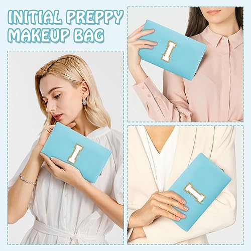 Miniatura 5 de Biileen Bolsa de maquillaje preppy inicial personalizada Pequeña bolsa de carta de chenilla de viaje linda, Azul, Moda