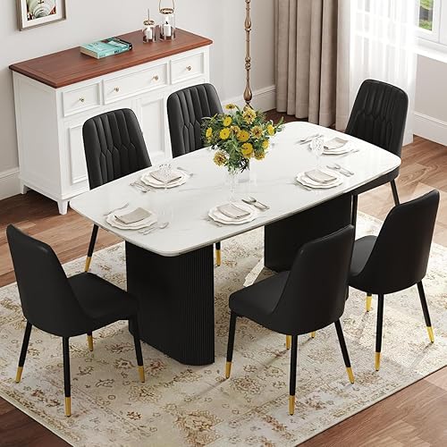 Miniatura 14 de Ebullient Juego de mesa de comedor blanca de 67'' para 6, juego de sillas de mesa de cocina con elegante base de pedestal ondulado, juego moderno