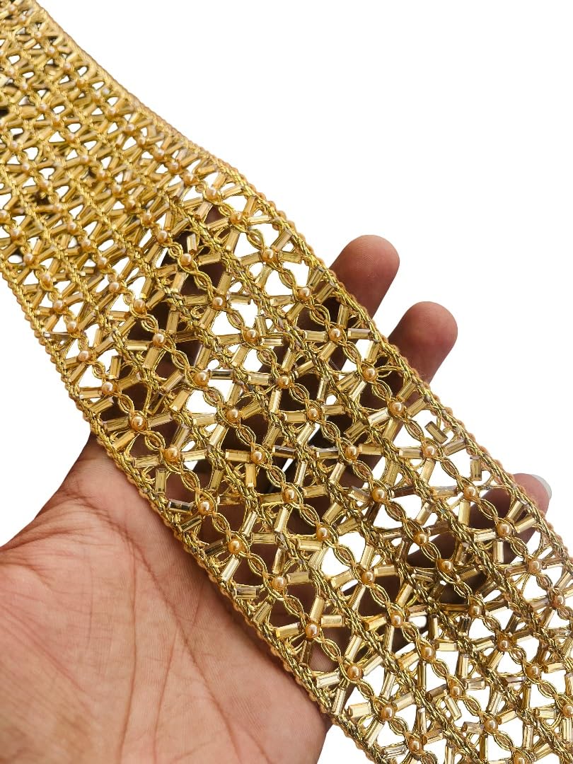 Bordure en dentelle dorée faite main ruban indien de 7,6 cm pour robe de mariée et caftan