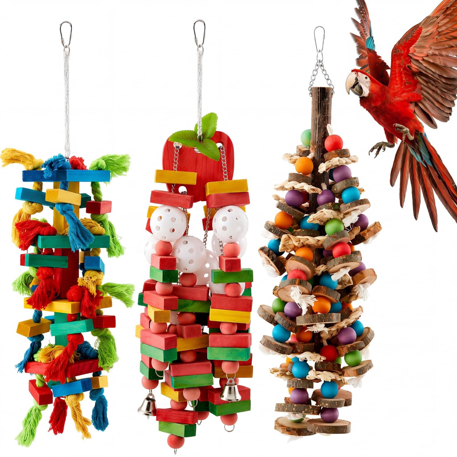 Seenelling Extra großes Vogelspielzeug für Papageien, mehrfarbig, natürliches Holz, Kauspielzeug für Papageienkäfig, Kauspielzeug für große, mittelgroße Aras, Kakadus, afrikanische Graupapageien