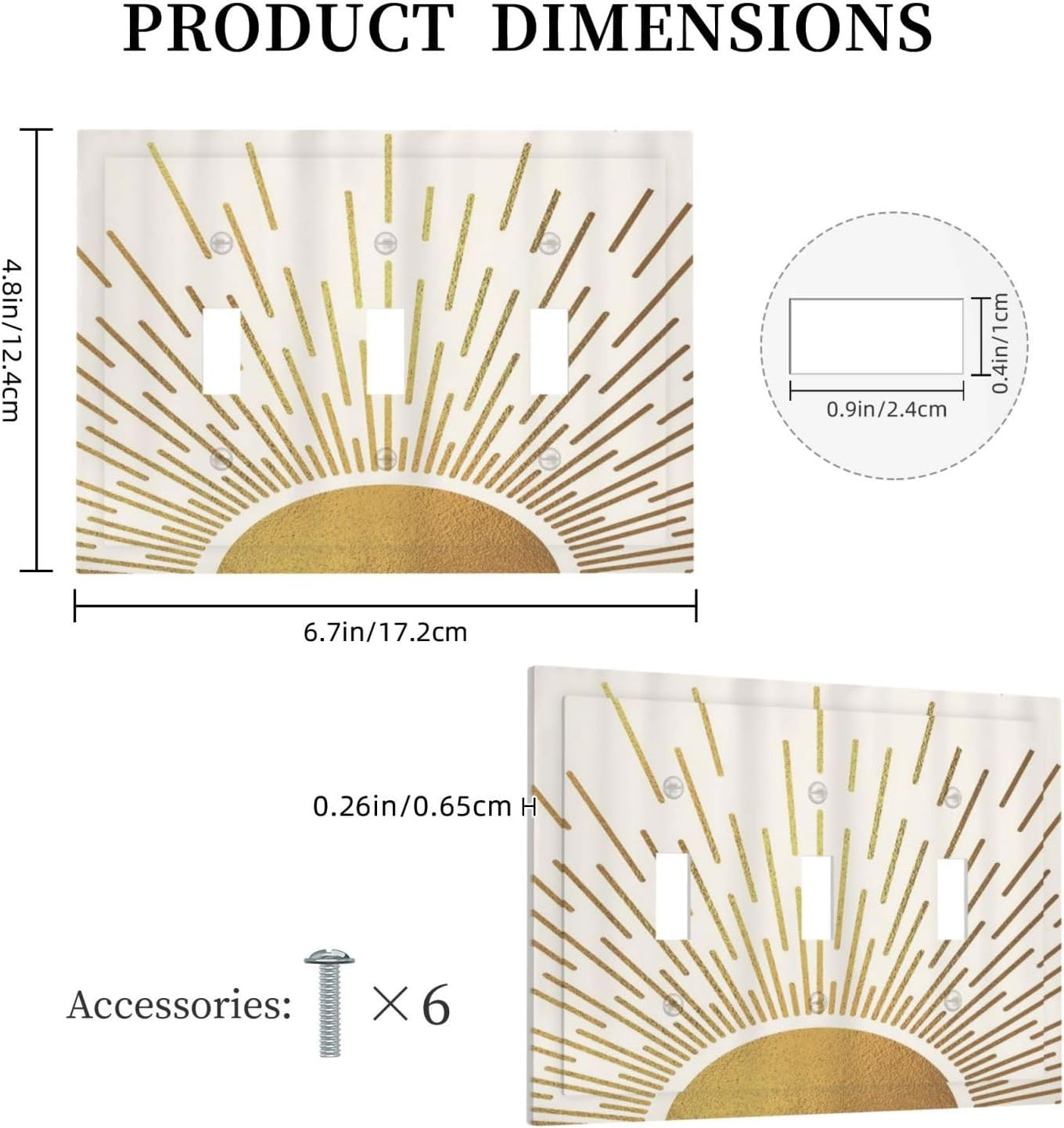 Mid Century Boho Abstract Sunrise Gold Sun 3 Gang Light Switch Covers Decorative Triple Toggle Wall Plate Electrical Faceplate Switchplate for Country Bathroom Bedroom Home Decor