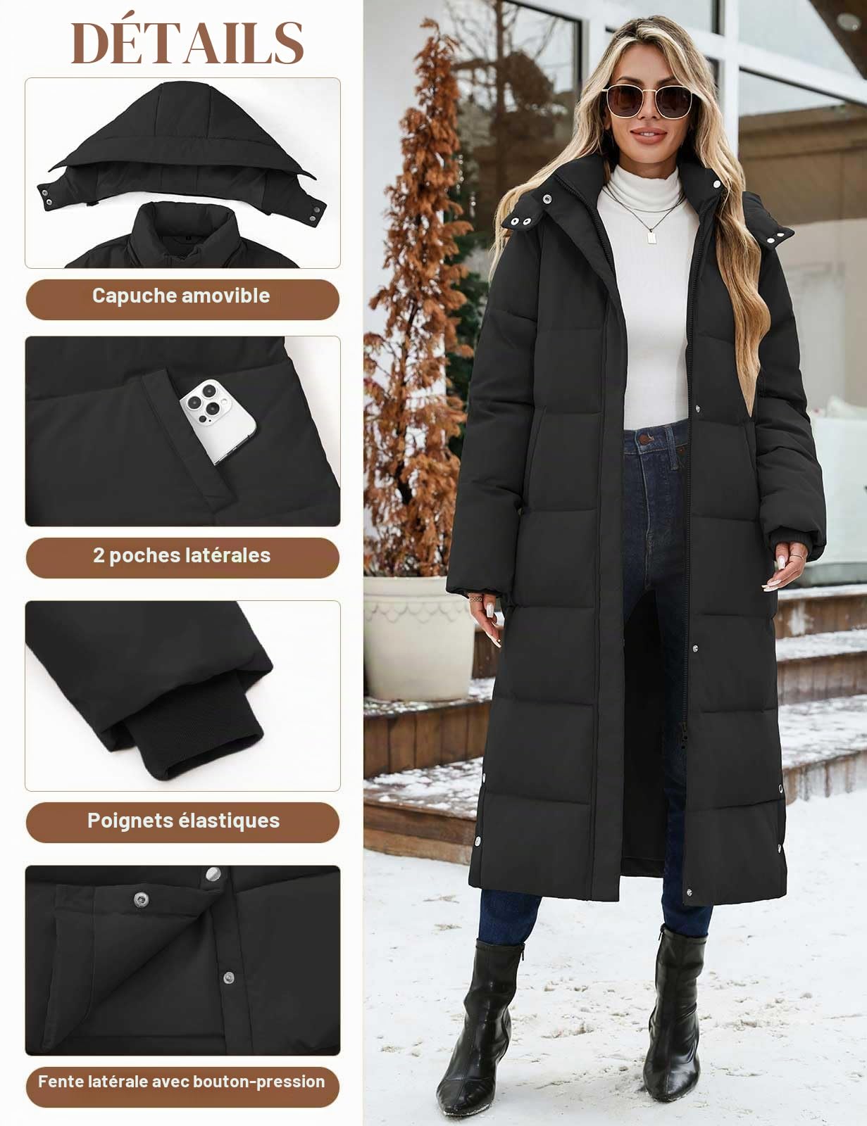 Manteau Femme Hiver Longue Doudoune Veste Matelassée Chaud Manteaux à Capuche Blouson Zippé Parka Long Jacket Casual Outercoat avec Poches