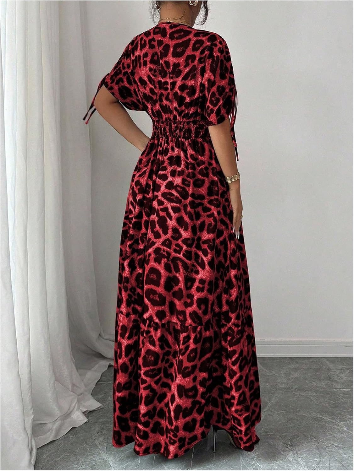 OYOANGLE Women's Summer Casual Bohemian Leopard Print Short Sleeve V Neck Cheetah Long Maxi Dress - Image 2