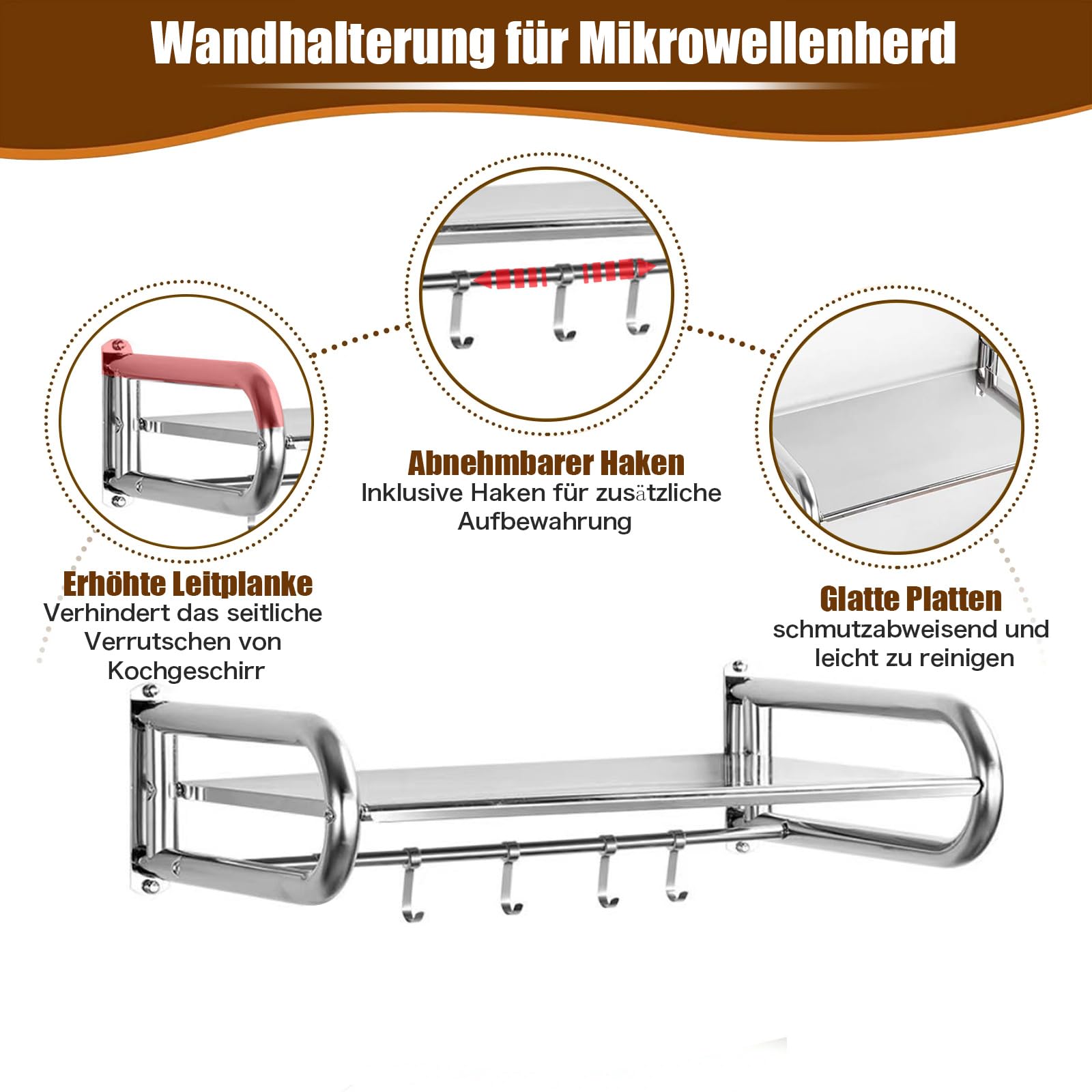 TWSOUL Mensola per microonde, montaggio a parete, con 4 ganci, in acciaio inox, per forno, microonde, spezie, stoviglie da cucina