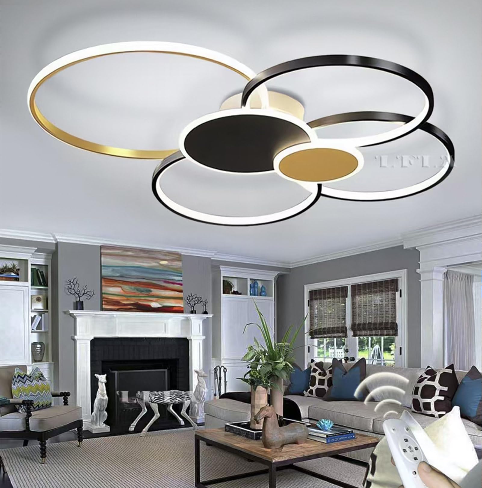 LFLA Modern Dimmable LED Ceiling Light, 100cm 93W, Black + Gold, Living Room, Bedroom, Office, 3000K-6500K, Remote Control — image 1