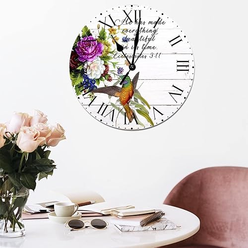 Miniatura 8 de ArogGeld He Made Everything Beautiful - Reloj de pared redondo de colibrí de flores rojas con números romanos, cita que dice 12 pulgadas,