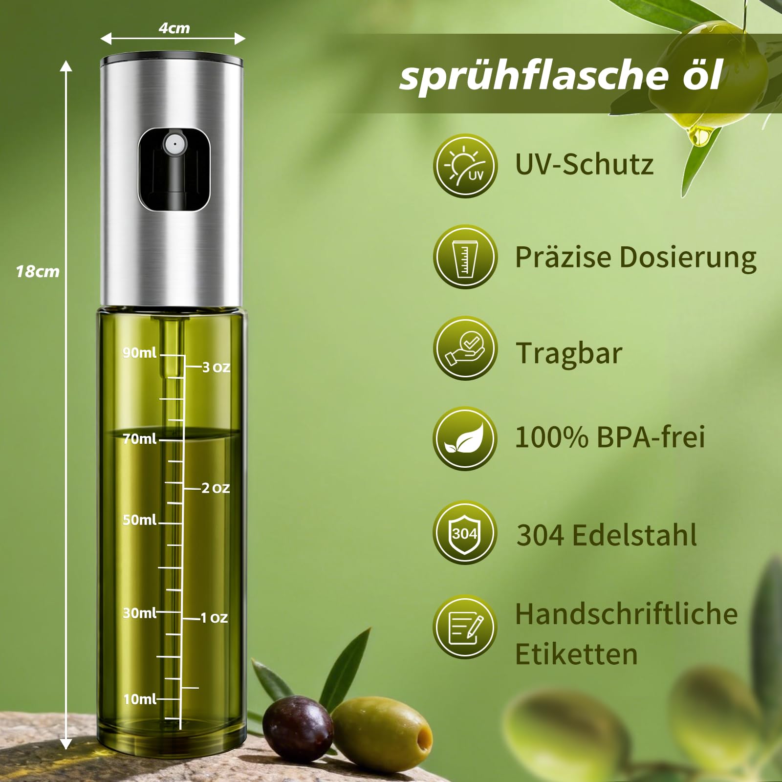 Sprühflasche Öl 2er Set, 2x100 ml Ölsprüher Glas aus UV-Schutzglas | Olivenöl Sprühflasche aus Glas für Speiseöl, feiner Sprühnebel, Ölspray Alternative für Heißluftfritteuse, Salat & Backen