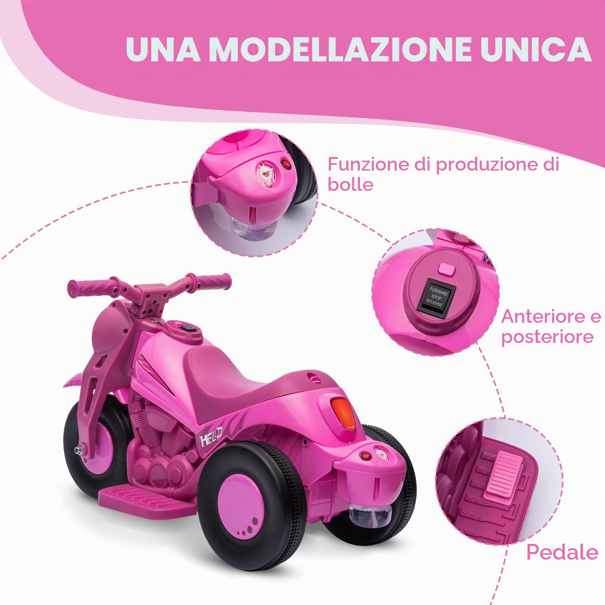 AIYAPLAY Moto elettrica per bambini 3 ruote 6V 3 km/h 2-5 anni Rosa
