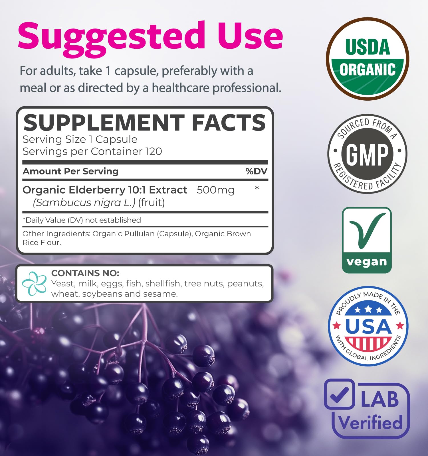 USDA Organic Elderberry Capsules - 500mg 10:1 Sambucus Black Elderberry Extract Per 1 Capsule Serving for Daily & Seasonal Wellness & Immune Support - Vegan Non-GMO & Lab Verified (4 Month Supply) — Amazon image 6