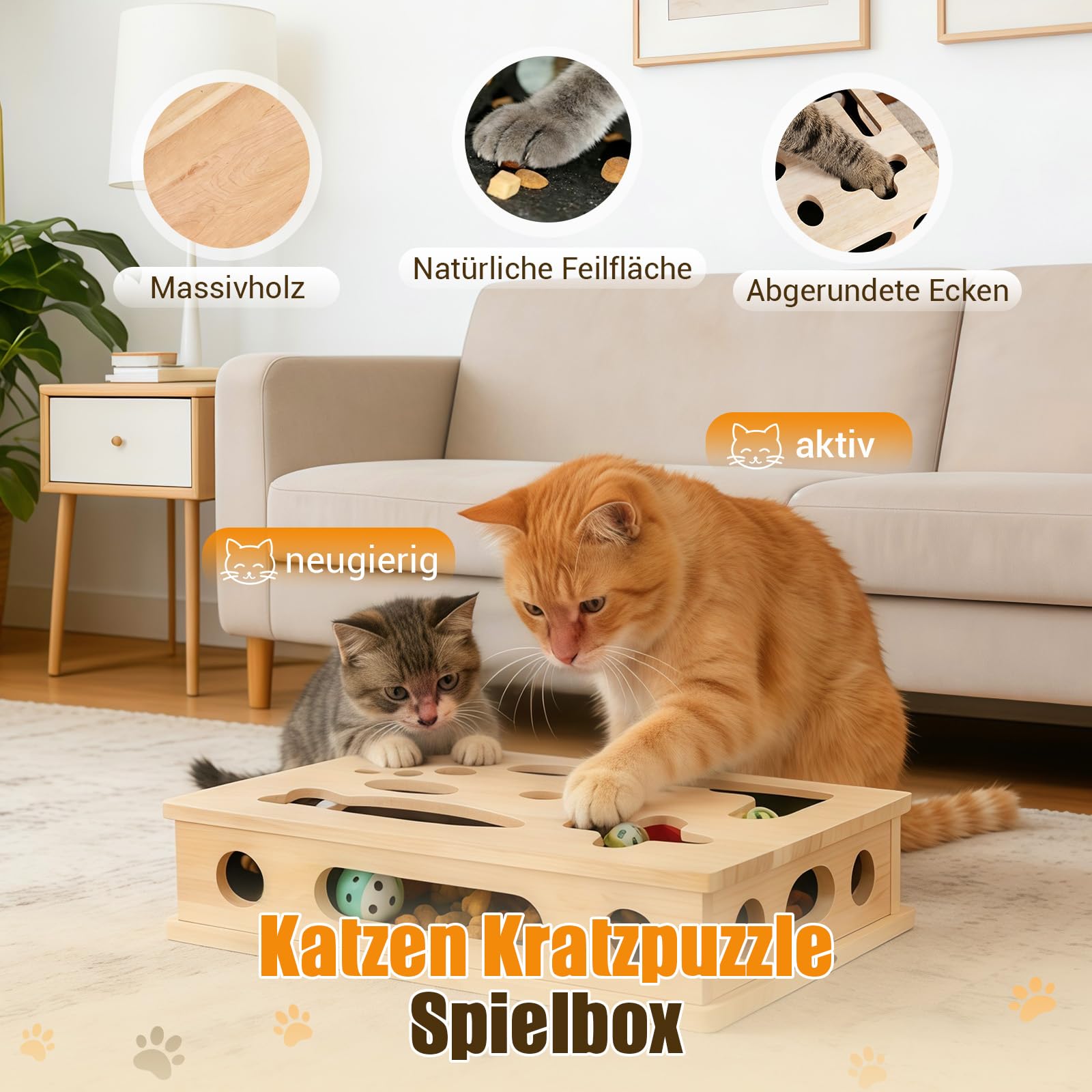 2-in-1 Kratzpuzzle mit Sandpapier, Interaktive Nagelfeilen-Box zur stressfreien Krallenpflege für Wohnungskatzen, Katzenspielzeug gegen Langeweile & Kratzbrett-Ersatz (Large)