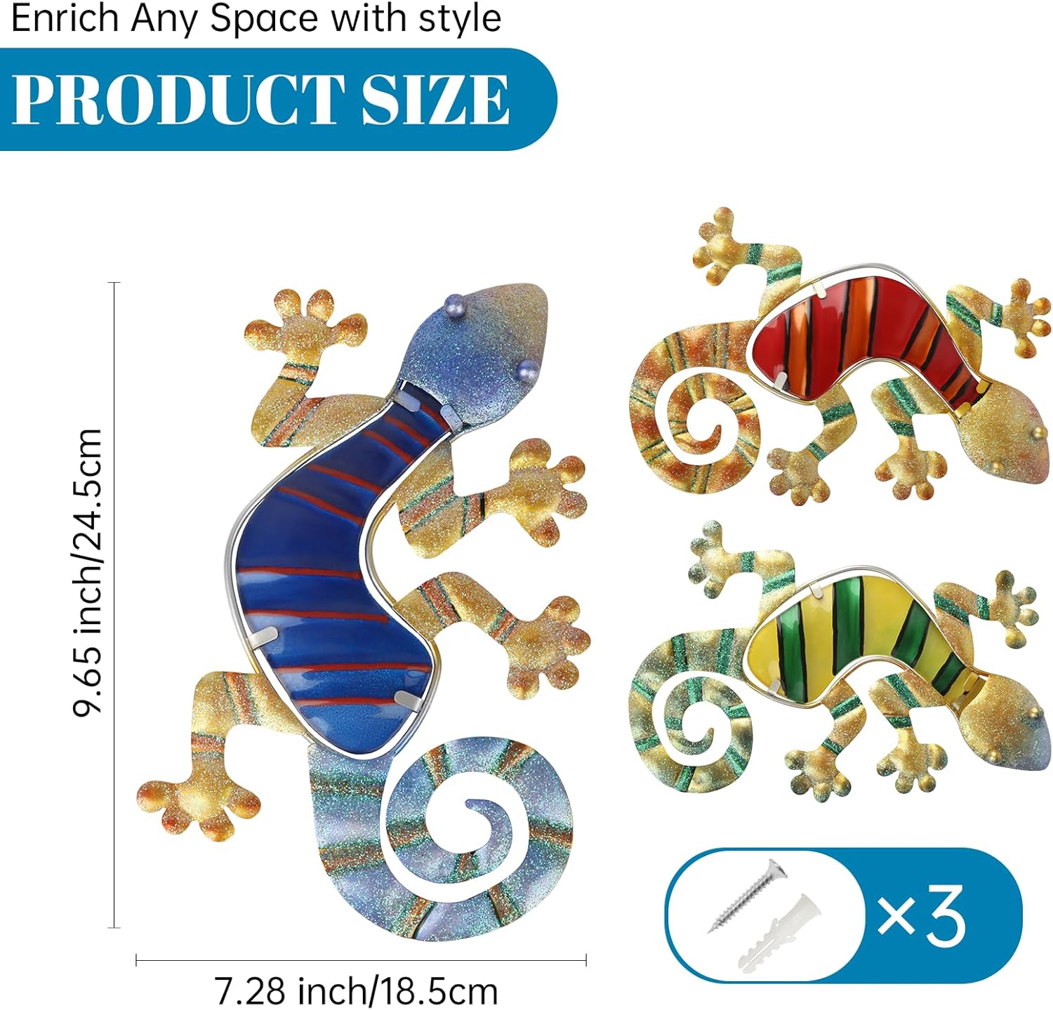 WANFSOWO 3D Metal Gecko Wall Art, 3 Pack Colorful Lizard Wall Decor, 9.65"x7.28" Hand-Painted Glitter Outdoor Garden Fence Sculpture, Indoor Outdoor Hanging Art Ornament for Patio Porch Backyard Gift