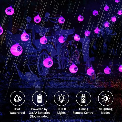 Miniatura 2 de Guirnalda de luces de Halloween con 30 globos oculares LED, luces parpadeantes, impermeables, funciona con pilas, luces decorativas de Halloween con