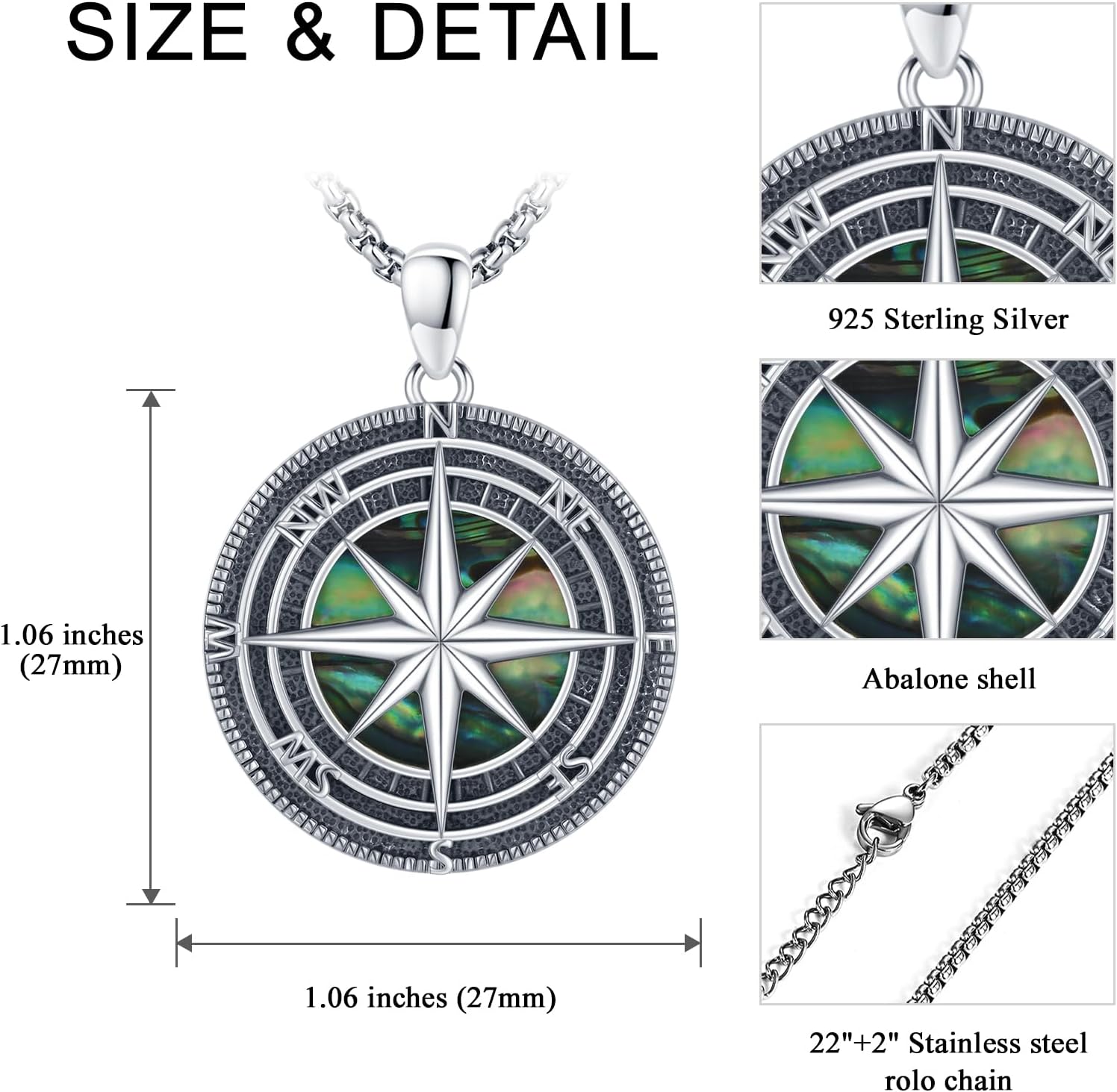 Compass Necklace for Women Men 925 Sterling Silver Travel Pendant Inspirational Graduation Jewelry Gift - Image 2