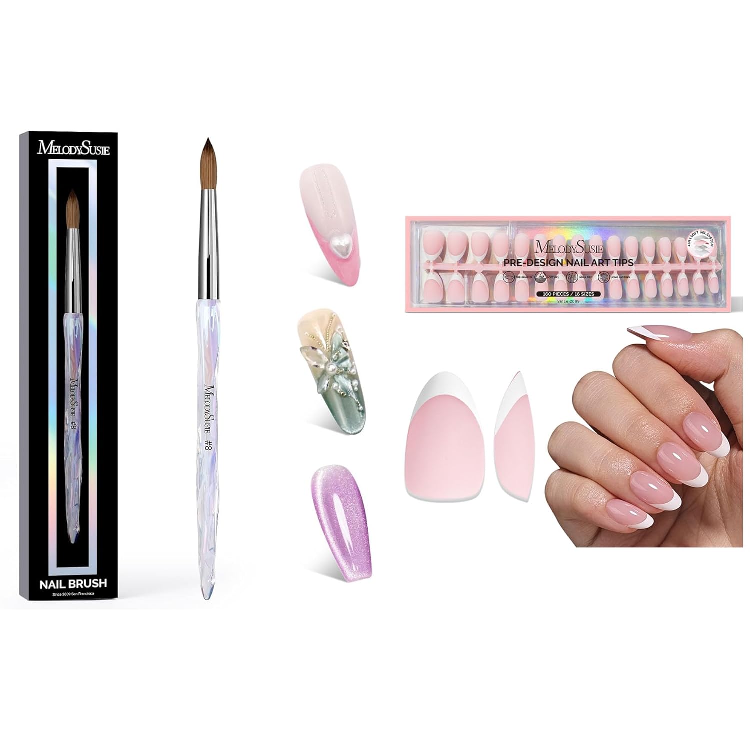 MelodySusie Kolinsky Acrylic Nail Brush & Short Almond French Nails Tips