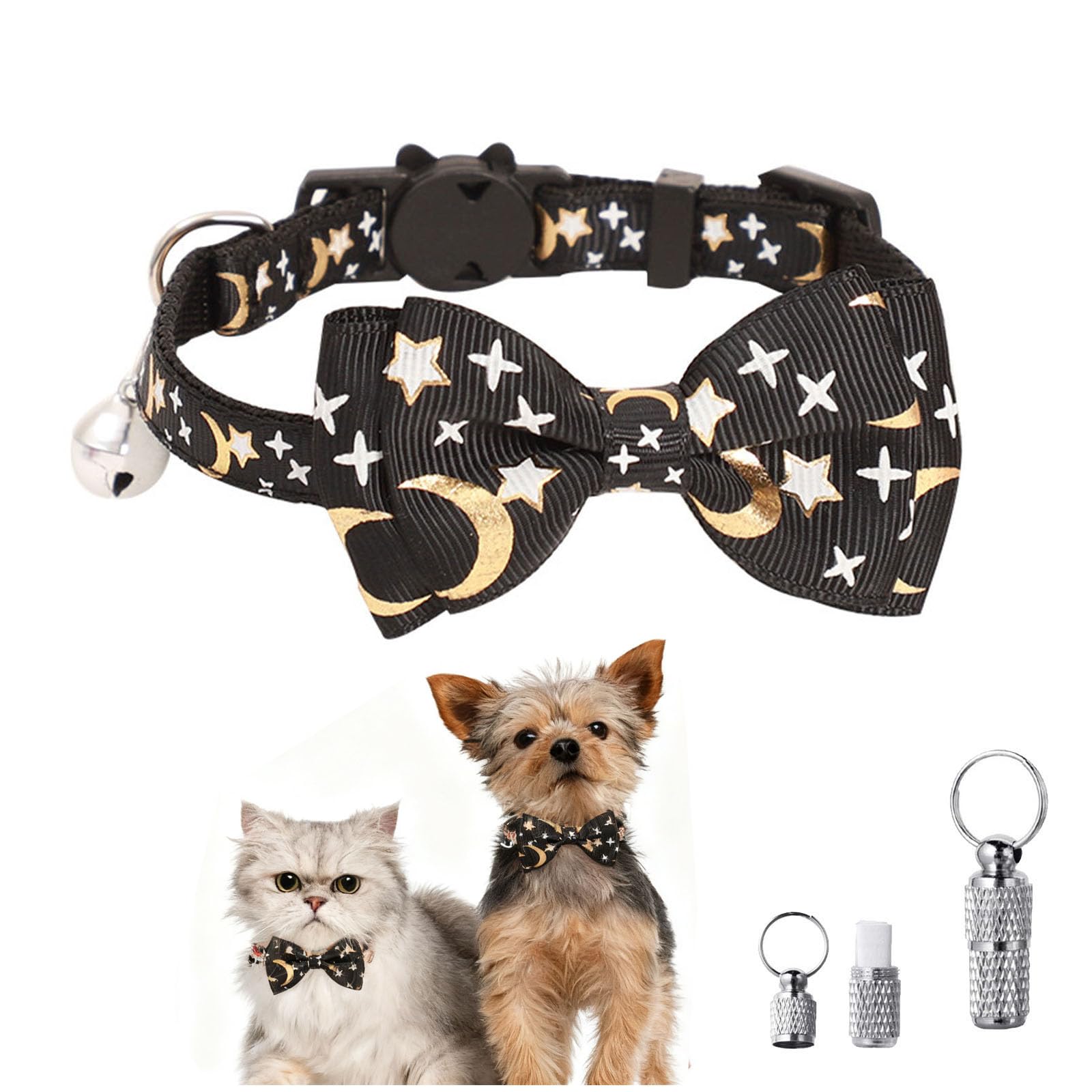 VPbao Cat Collars with Bow Tie, Bell and Name Tags, Night Theme with Moon & Stars, Safe Quick Release Breakaway Buckle Adjustable Removable Bow-tie Collars For Kitten Puppy Small Black