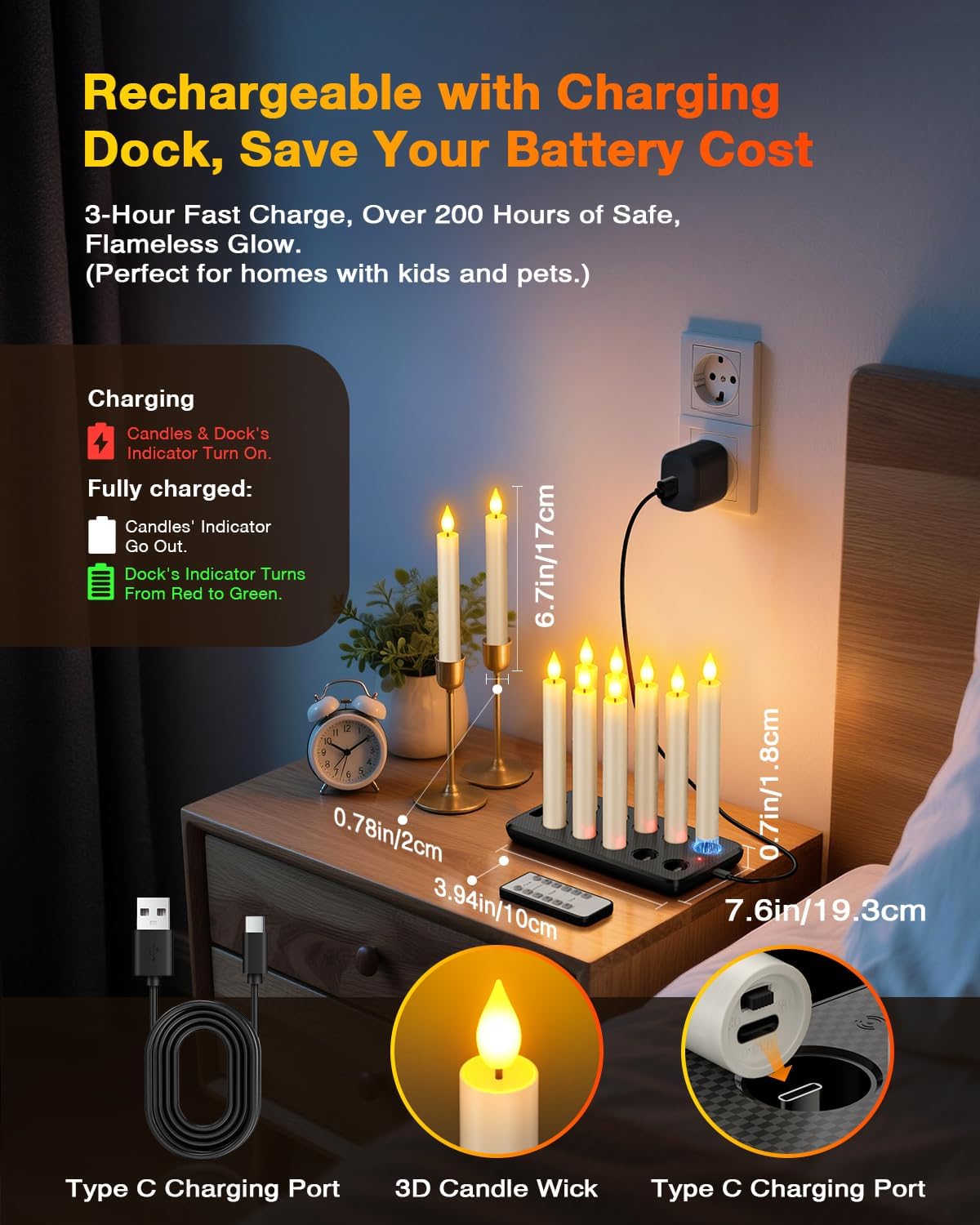 Yme Flameless Rechargeable Taper Candles with Remote & Charging Base, 10pcs 6.7" Battery Operated LED Electric Tapered Candles Flickering with Timer for Windowsill Wedding Christmas Home Decor - Image 2