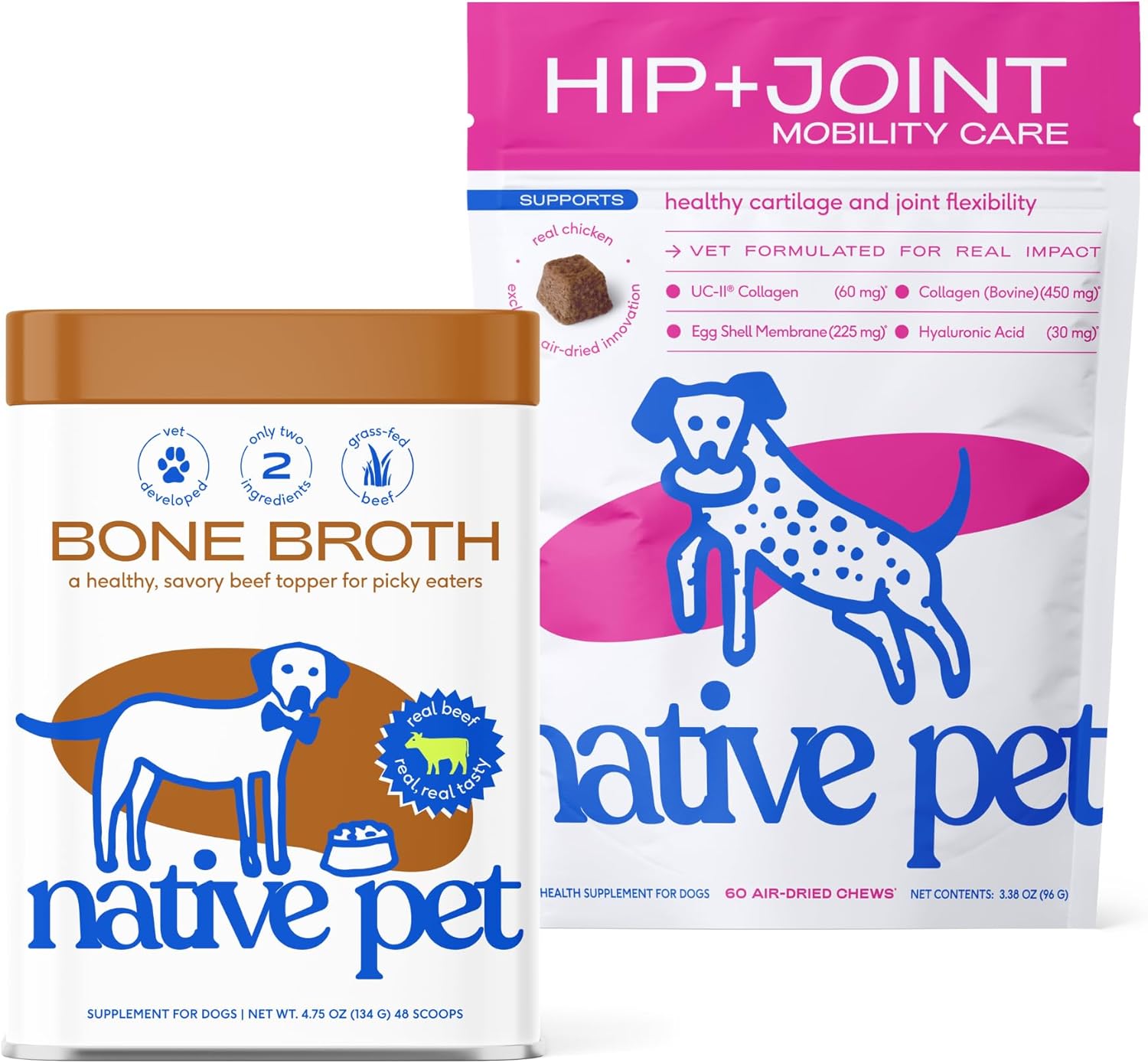 Native Pet Joint & Recovery Wellness Pack: Hip & Joint Supplement for Dogs - Helps Maintain Healthy Cartilage & Joint Flexibility - 60 Chews & Real Beef Bone Broth, Dog Food Toppers - 96 Scoops