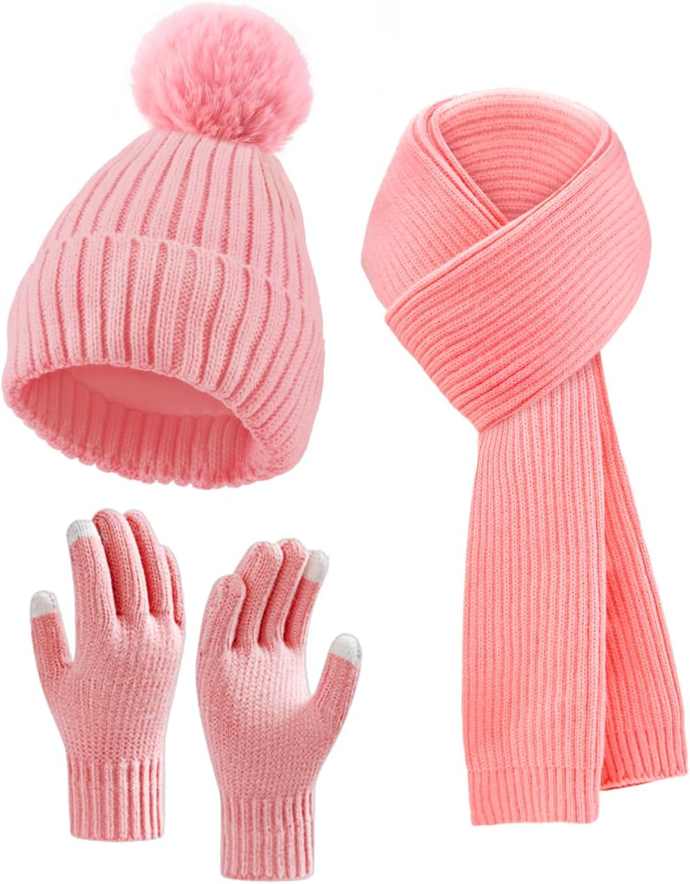 Winter Beanie Hat Scarf Gloves Set for Women, Fleece Knit Pompom Beanie Neck Warmer Long Scarf Touchscreen Gloves 3 in 1 Set
