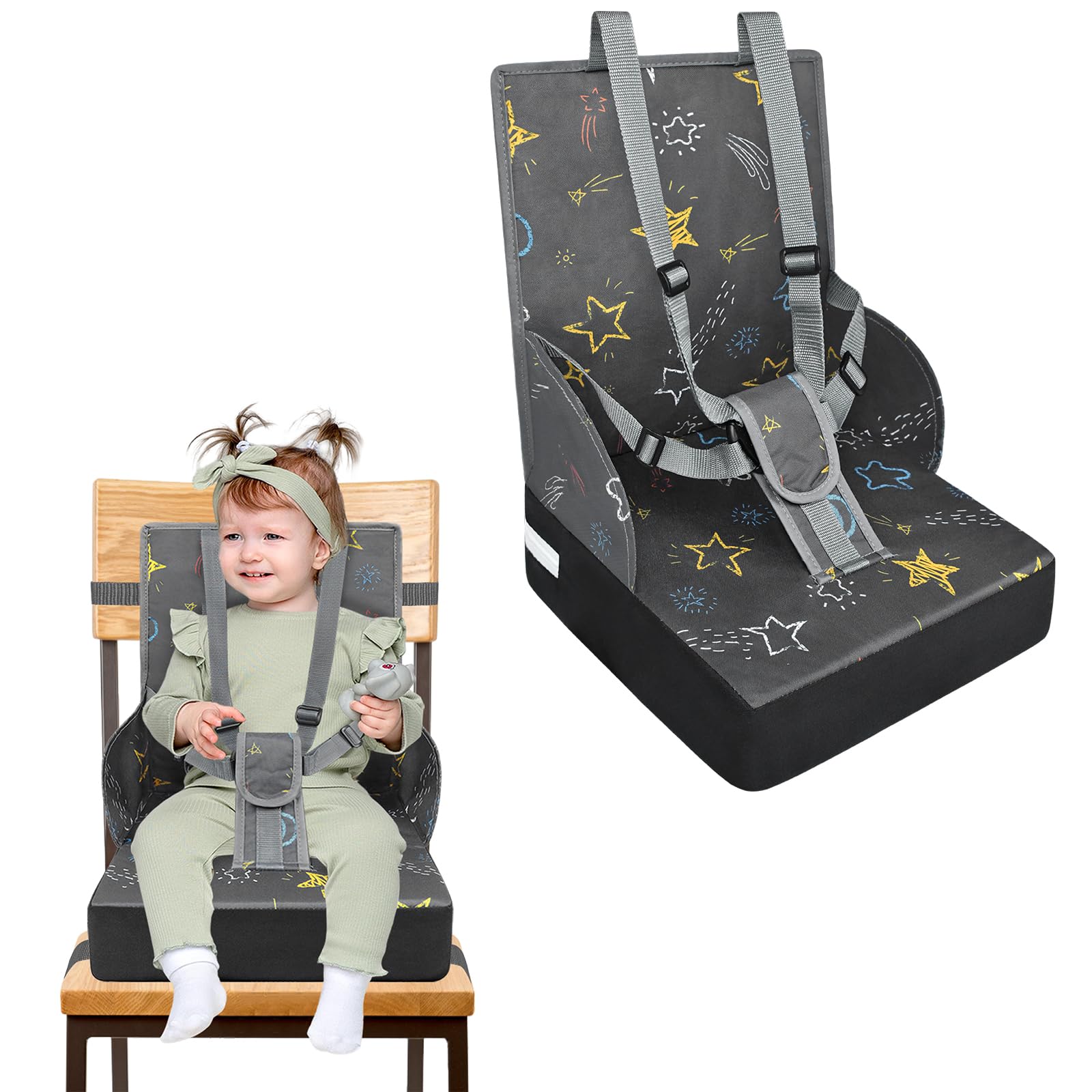 NAIZY Sitzerhöhung Stuhl Kind Kindersitzerhöhung Sitzkissen mit Faltbar Rückenlehne und Dreipunktsicherheitsgurt, Schwämme Boostersitz für Stuhlerhöhung Kinder Baby Essen Stuhl, Grau