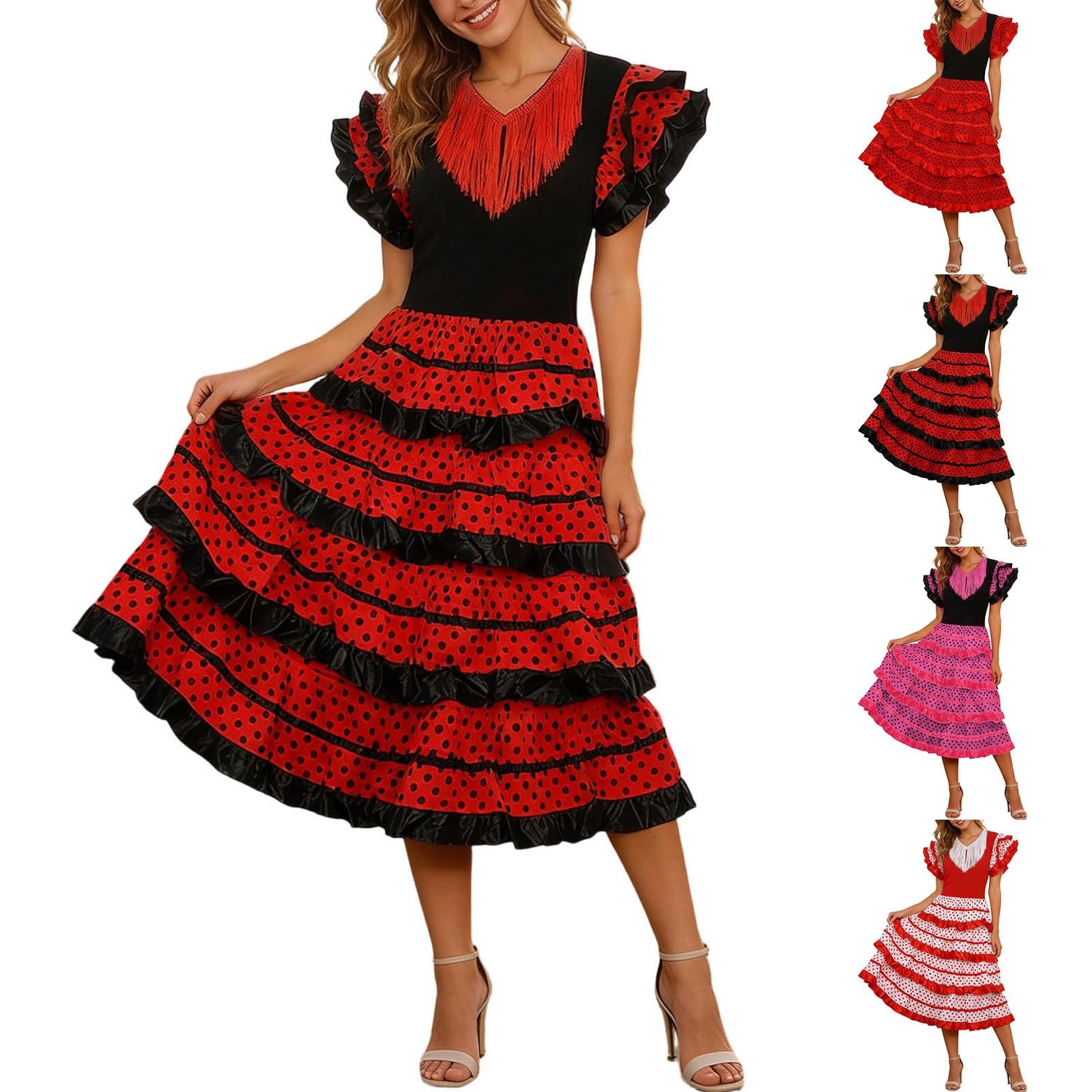 Robe Flamenca Sévillane pour Femme, Costume Flamenco Rouge à Pois avec Volants Élégants, Déguisement Andalou Traditionnel pour Fête, Carnaval, Danse et Soirée Thématique Taille Adulte