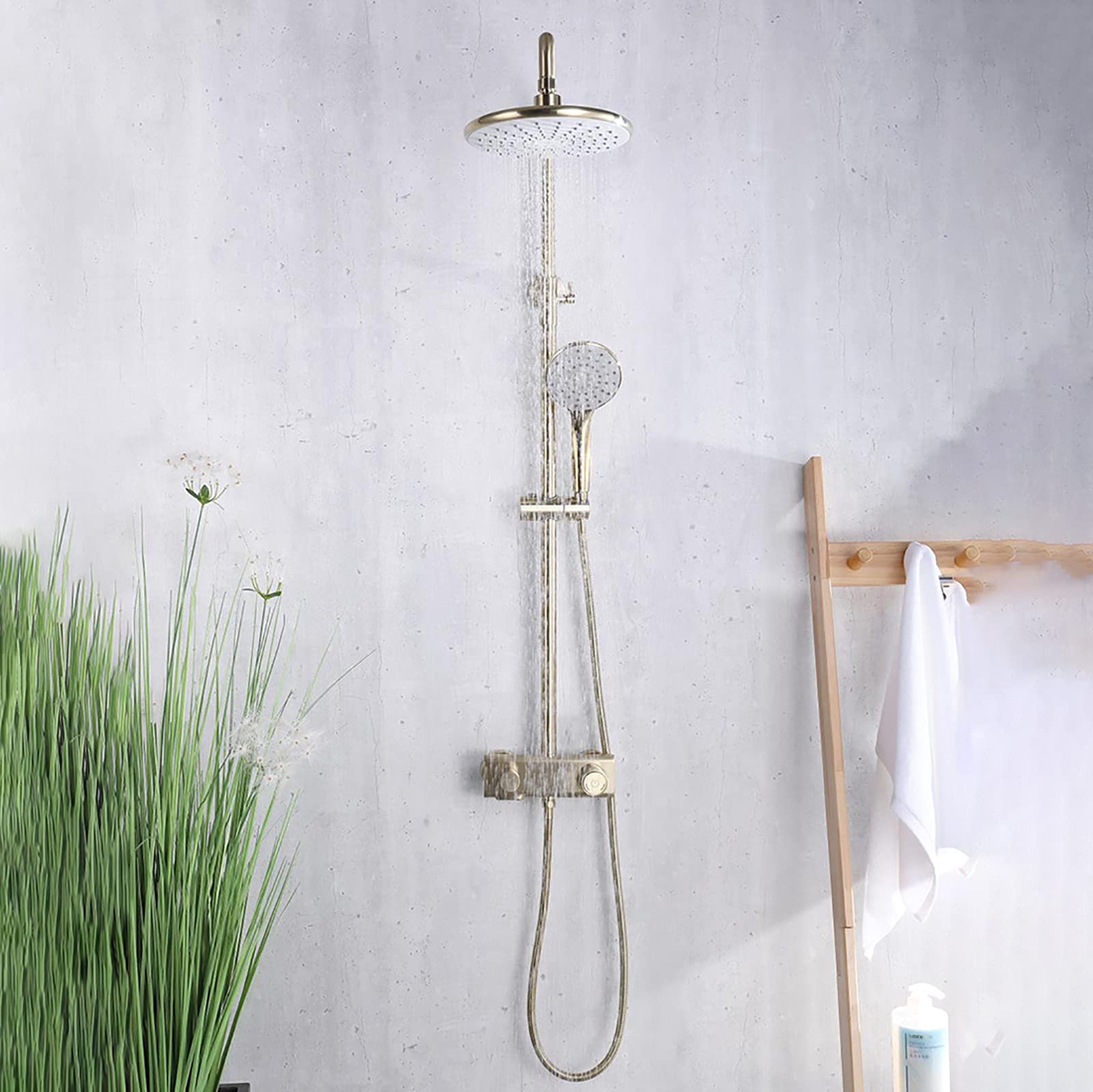 Doccia a pioggia classica Set di rubinetti per doccia in ottone Set doccia combinato a parete Miscelatore a pioggia con doppia maniglia con beccuccio per vasca a cascata, doccetta a 3 modalità, soff