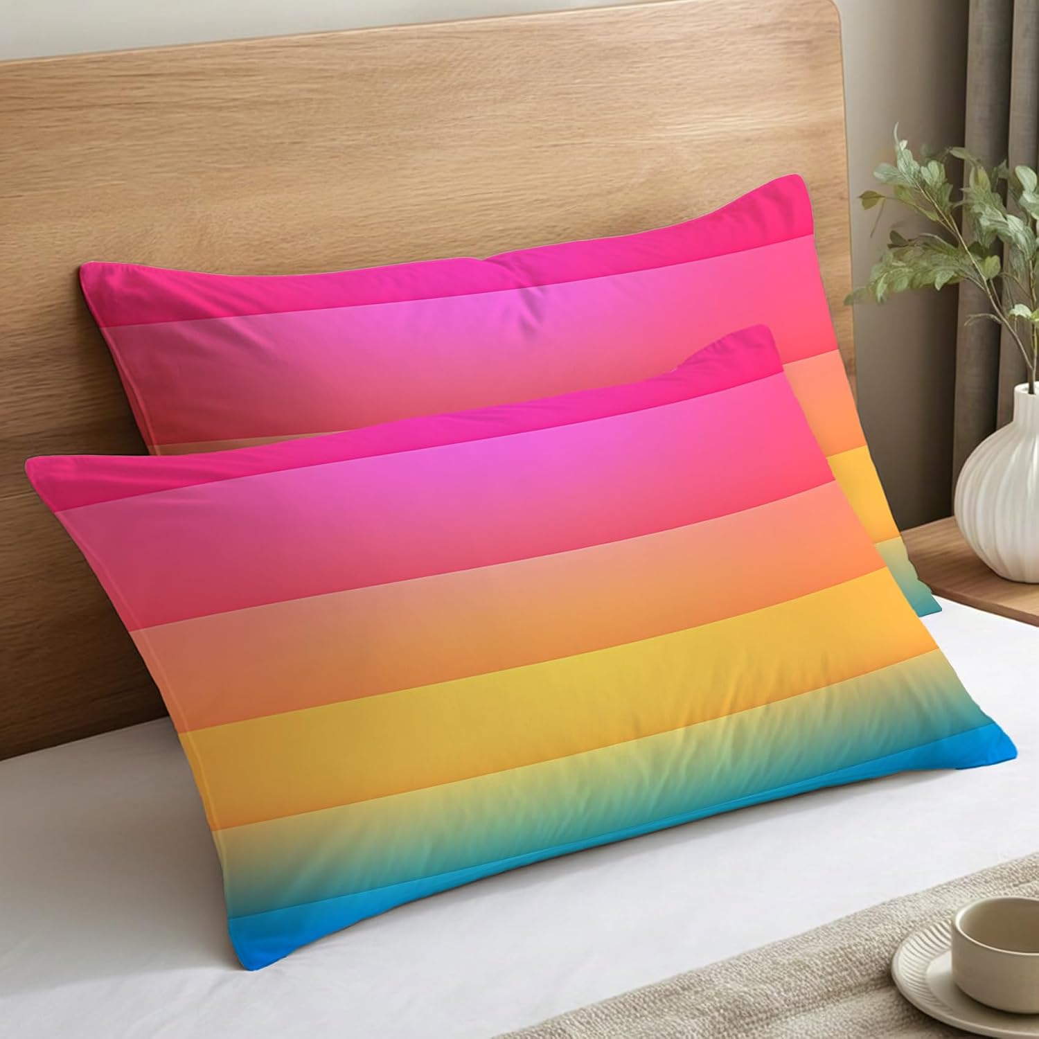 Rainbow Pillow Cases King Size Set of 2 - Soft Breathable Microfiber Pillowcases with Envelope Closure, Girls Colorful Stripes Ombre Patterned Pillow Covers, Rainbow Gifts image 2