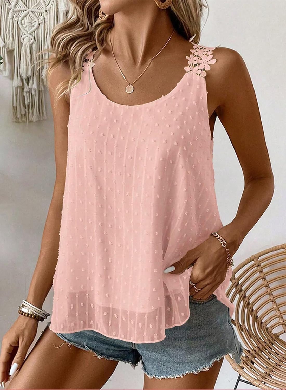 Womens Tank Tops Flowy Sleeveless Summer Boho Tank Top for Women Casual Crewneck Strap Lace Camisole Shirts - Image 6