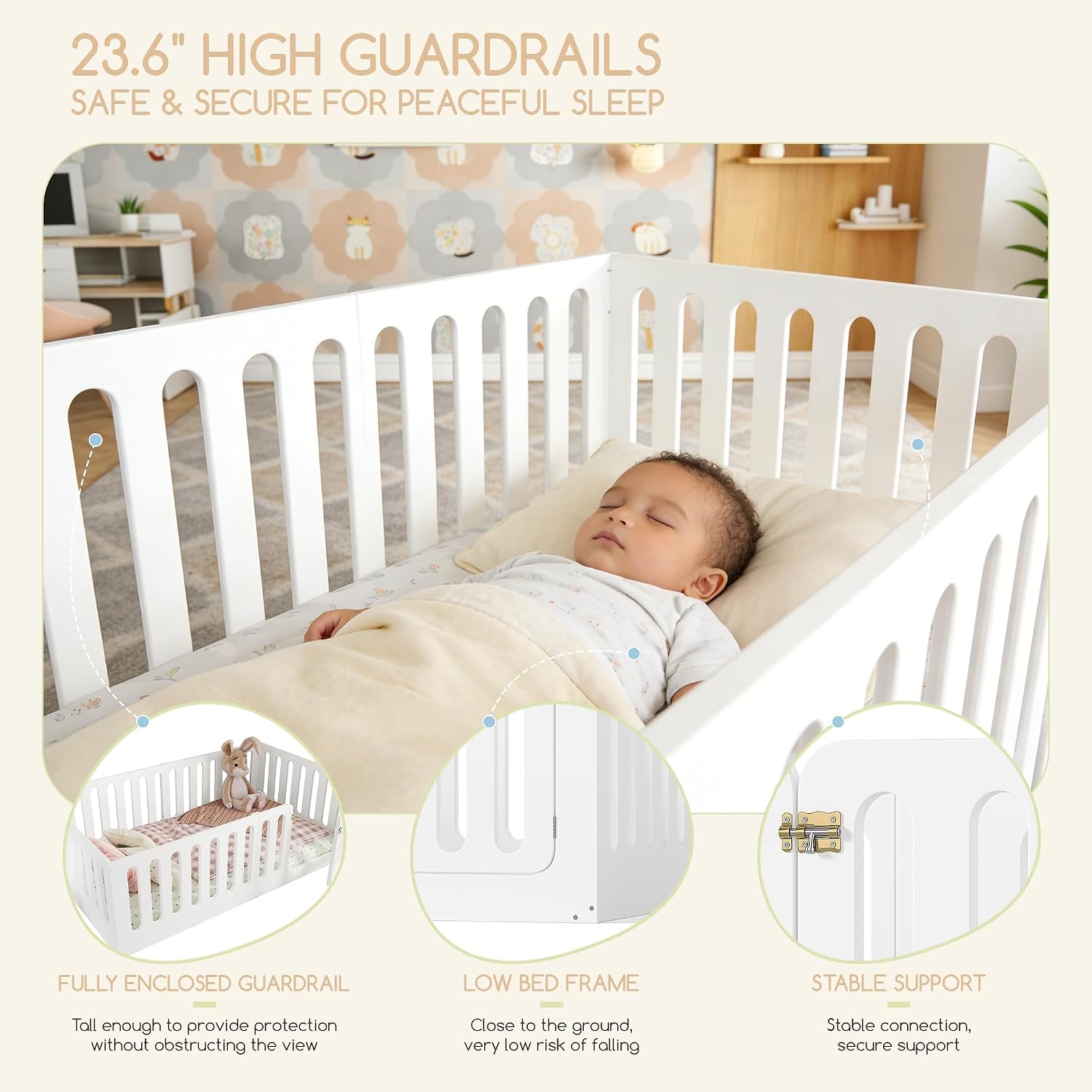 Bellemave Montessori Twin Floor Bed with Playful Door & 23.6" H Guardrails, Solid Wood Montessori Floor Bed Frame, Low Profile & Rounded Corner Safe Design, No Slats, No Box Sring Needed, White
