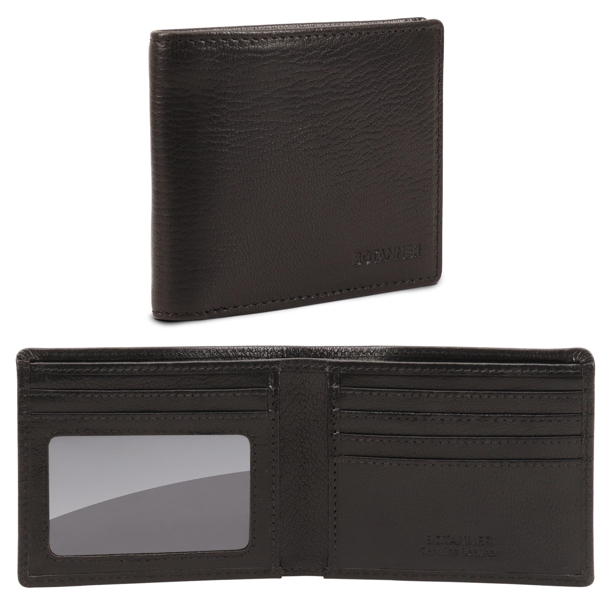 BOTANNER Genuine Leather Mens Bifold Wallet RFID Blocking 5 Credit Card Slots 1 ID Window 2 Sections for Bills 2 Additional Slots | Ink Black