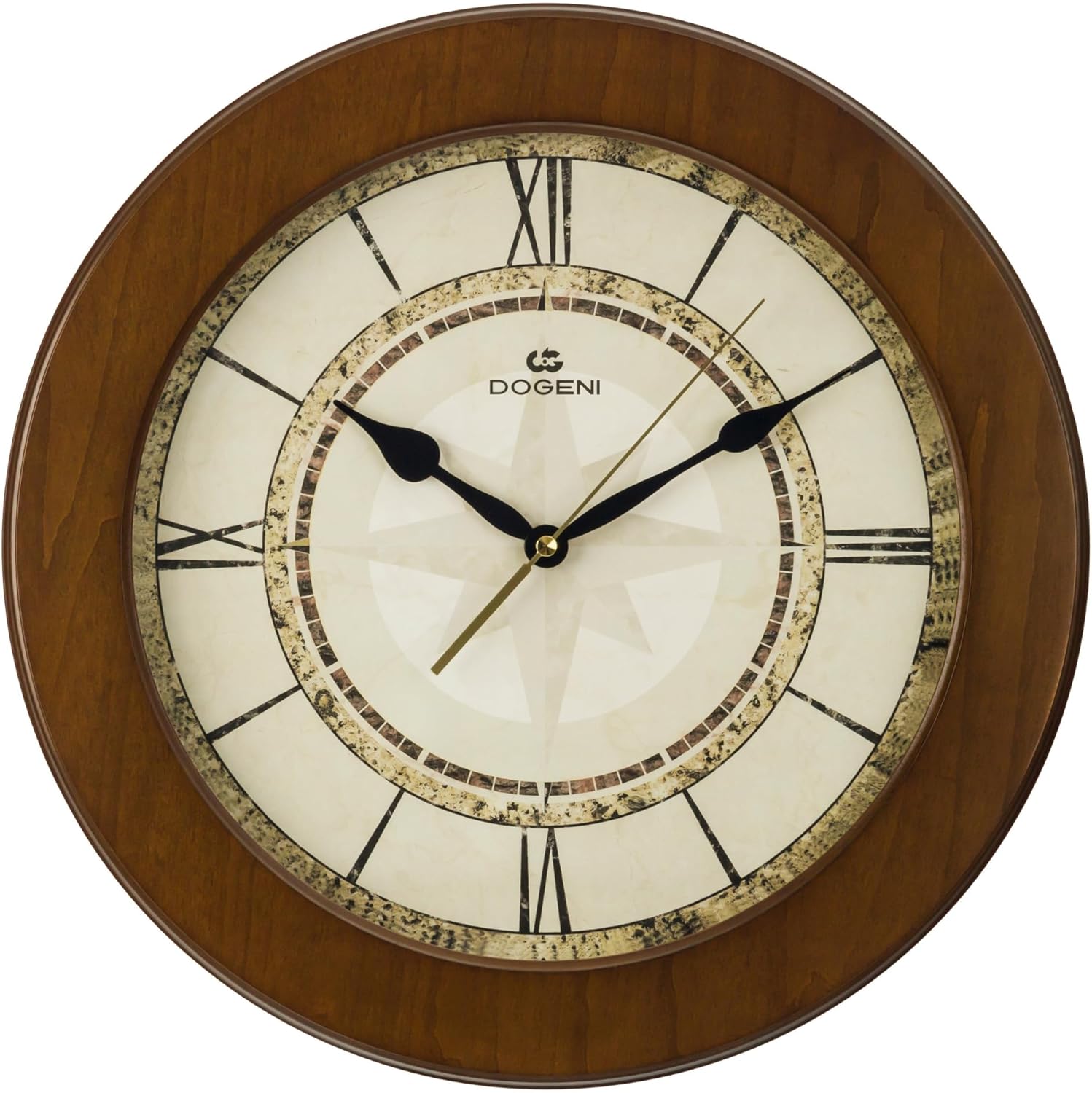 Vintage Wall Clock 15.5 Inch Silent Non-Ticking Sweep Movement Roman Numerals Solid Alder Wood Frame Antique Compass-Inspired Design for Living Room Study Entryway