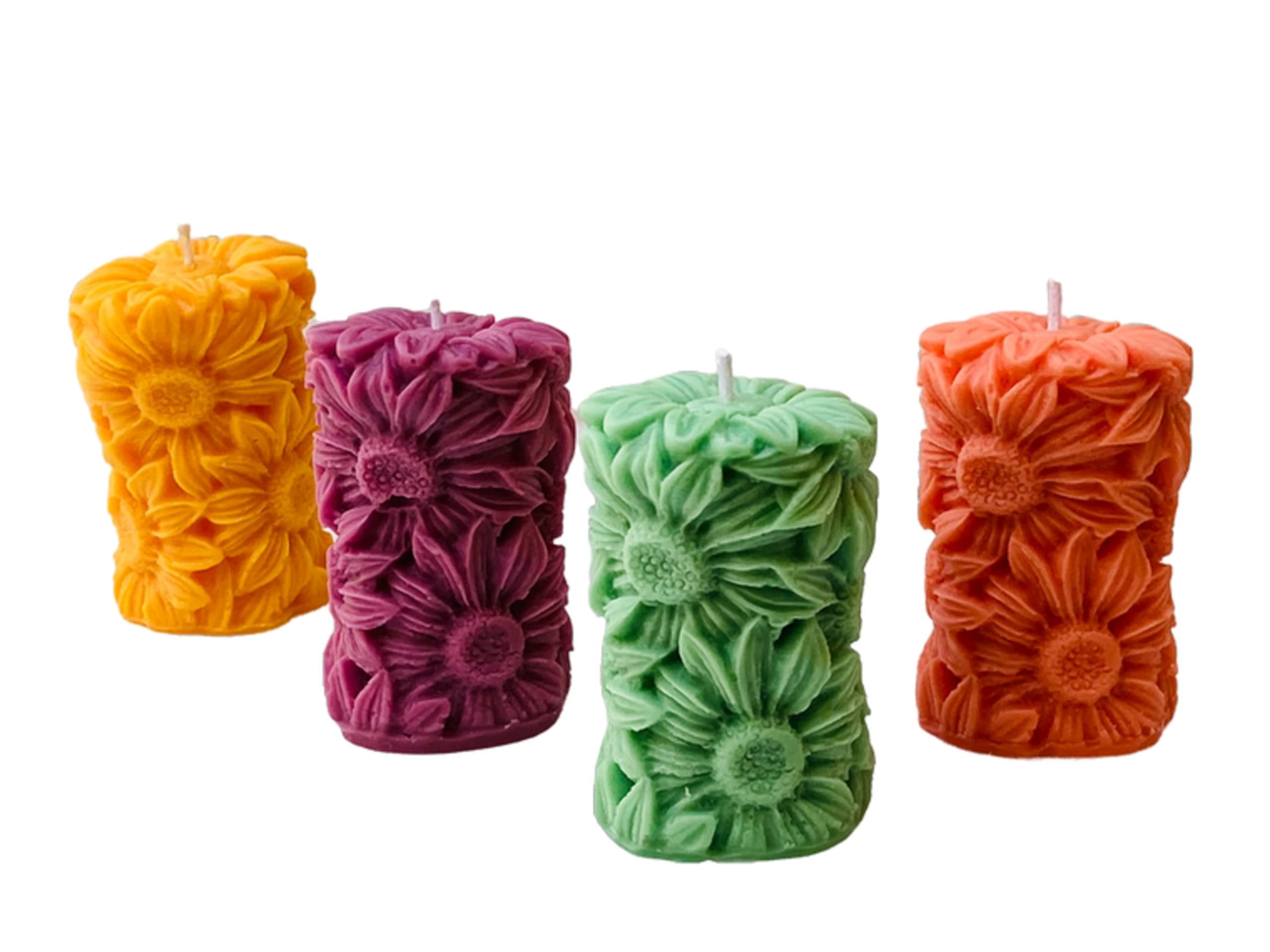 Yellow Petal Sunflower Pillar Scented Candle Each 80gm (Dream Rose, French Lavender, Arabian Jasmine & Sandalwood) (Pack of 4)
