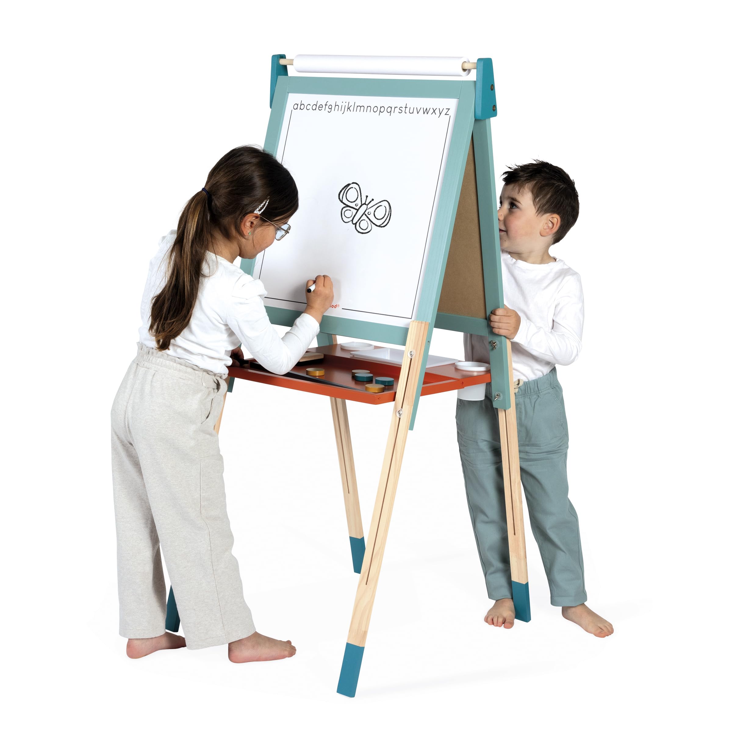Janod J09625 - Cuadro de caballete doble cara, ajustable en altura, pizarra blanca magnética + pizarra para tiza + rollo de papel, 23 accesorios incluidos, a partir de 3 años