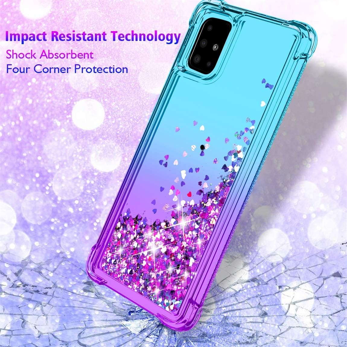 Tmacker Samsung Galaxy A51 Case,Samsung A51 Phone Case w/HD Screen Protector,TPU Glitter Quicksand Shockproof Protective Phone Cover for Girls Women-Teal/Purple