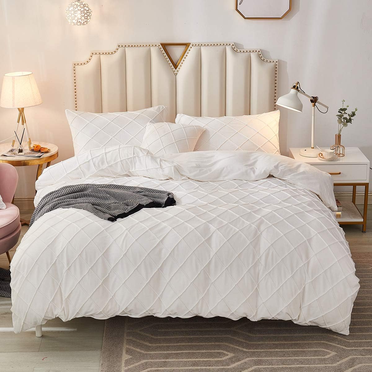JAUXIO Diamond Pinch Pleated Crystal Velvet Bedding Set Solid Pintuck Duvet Cover with Pillow Shams for Home Decor Zipper Closure (White, Queen)