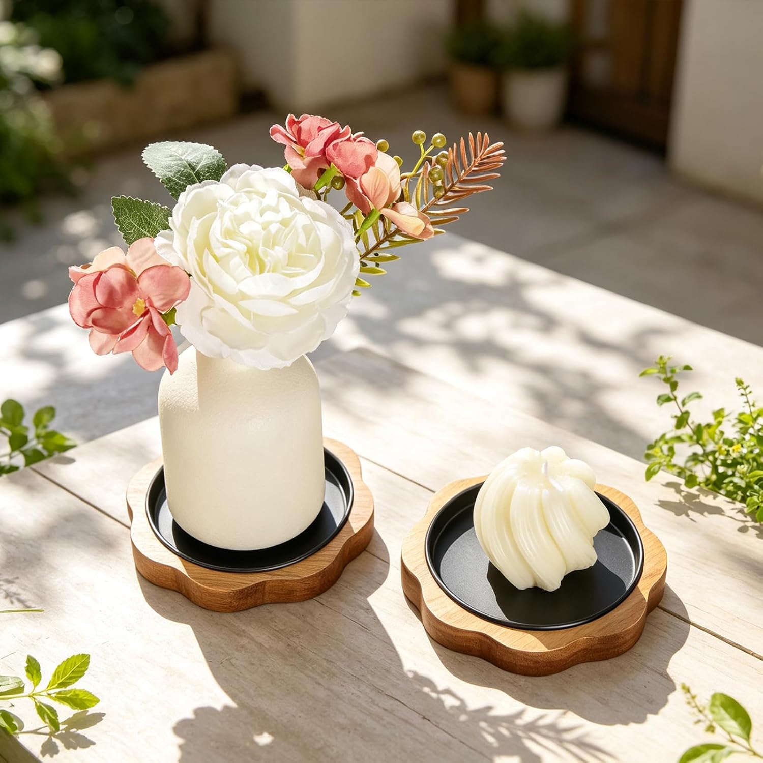 Flower Wooden Candle Holder 2-Pack, Rustic Acacia Wood, Unique Petal Design, Pillar Candlestick Stand, Fits 3.35" Dia Candles, Farmhouse Table Centerpiece