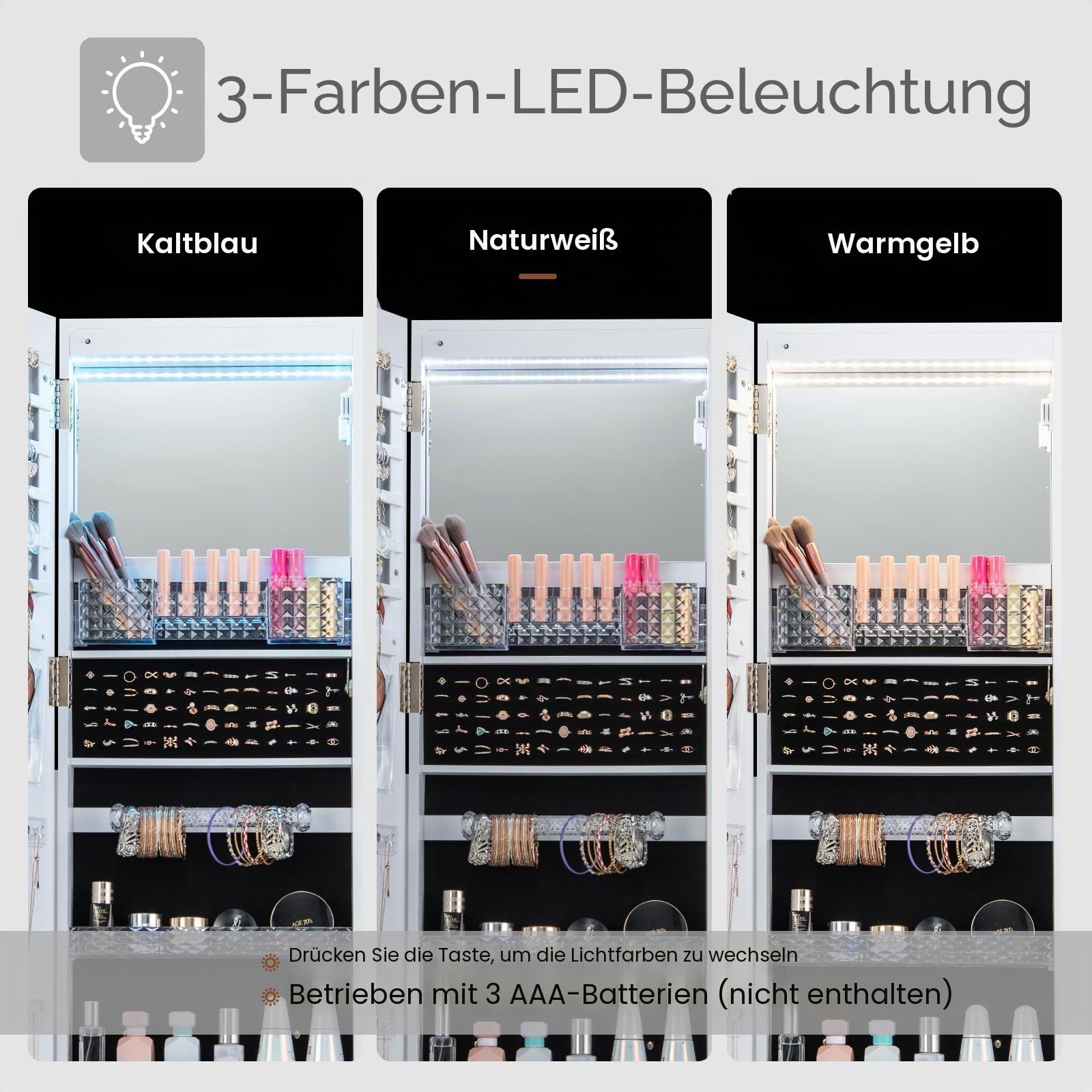 HOMASIS Schmuckschrank mit Rollen, drehbarer Spiegelschrank mit 3 farbigen LED-Lichtern & verstellbaren Regalen, stehender Schmuckspiegel für Halsketten Ohrringe Kosmetika (Weiß)