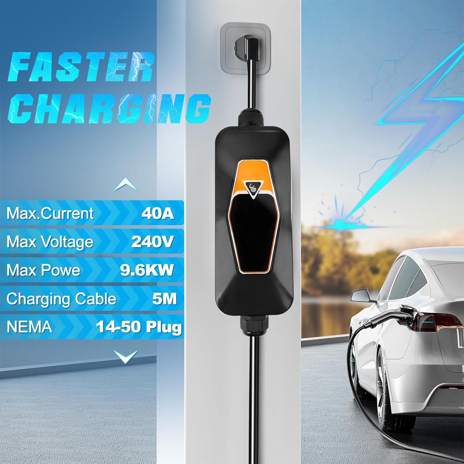 Portable EV Charger Level 2, 40Amp 240V, Electric Vehicle Charger with 16.5FT Cable, Compatible with SAE J1772 EVs, Scheduled Charging, Adjustable Current