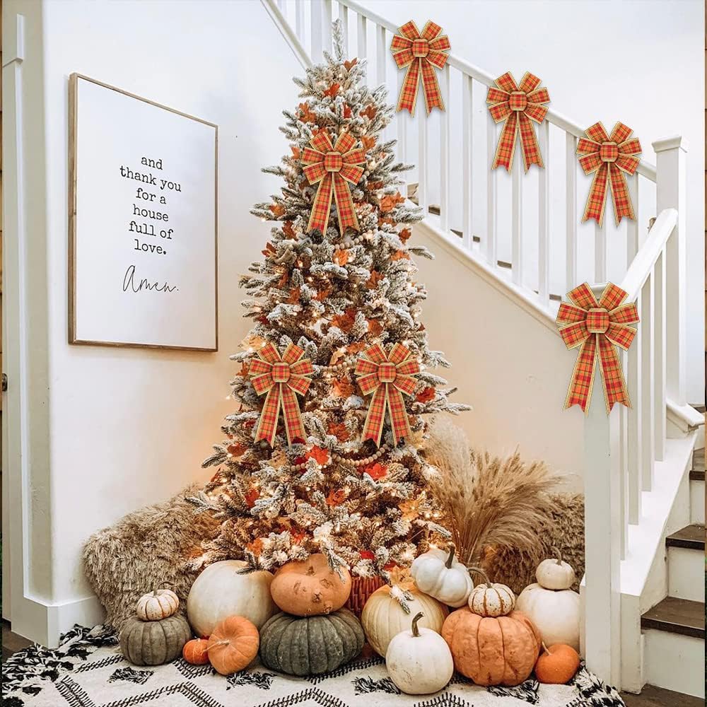 2PCS Fall Wreath Bows, Autumn Harvest Orange Bows for Wreath Rustic Farmhouse Bows for Front Door Thanksgiving Orange Buffalo Plaid Bows for Thanksgiving Wall Ornaments Home Indoor Outdoor Decor