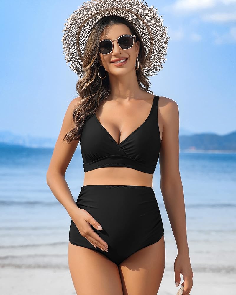 Charmo Maternity Swimsuits Two Piece High Waist Maternity Bikini Set V Neck  Pregnancy Bathing Suit S Black at Amazon Womens Clothing store
