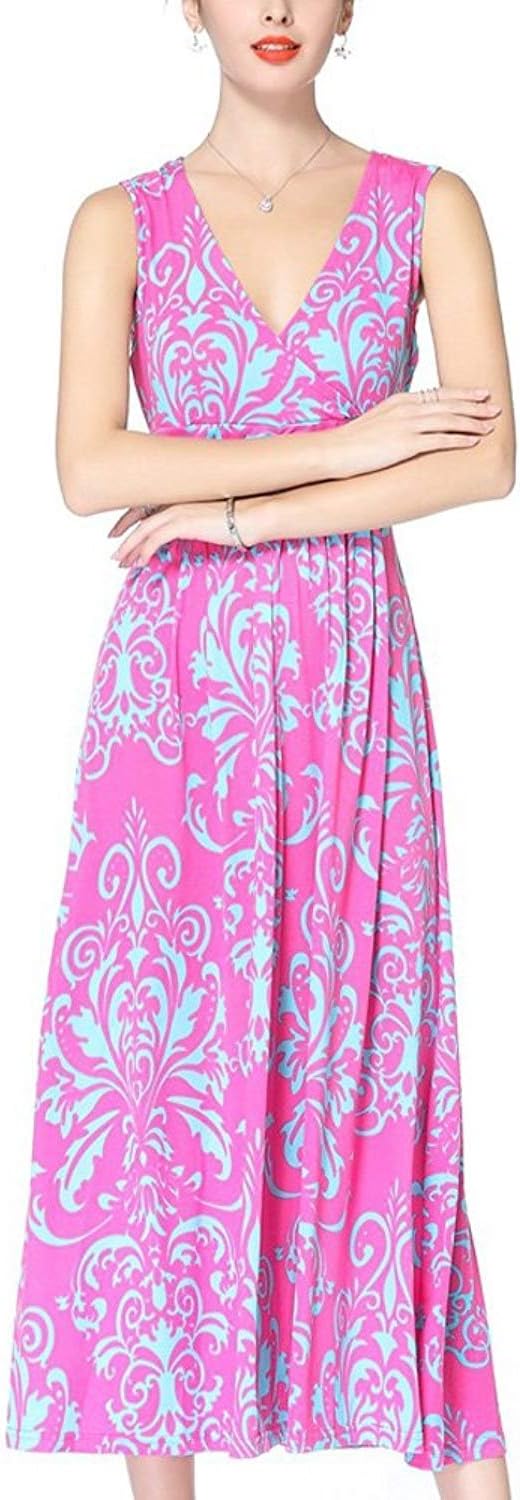 YIHUAN Women's V Neck Sleeveless Empire Floral Print Party Long Dress