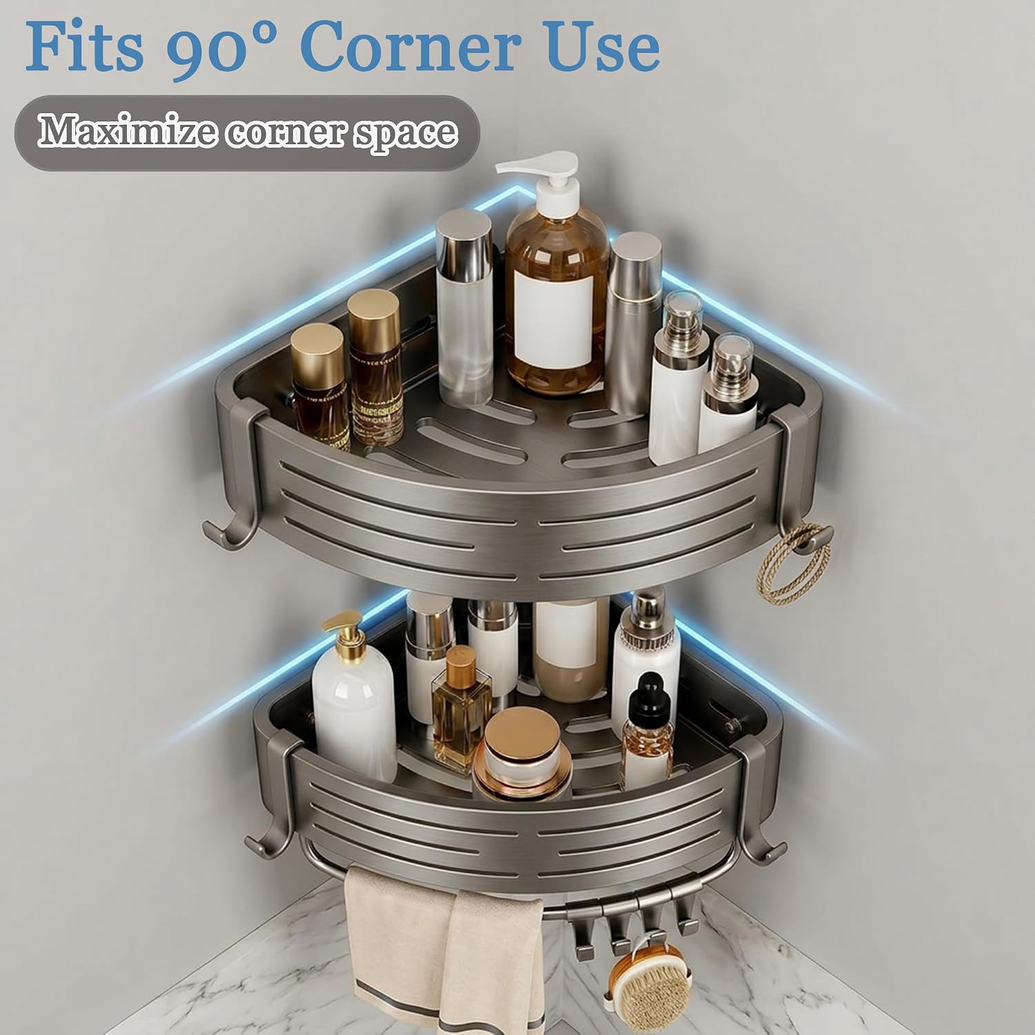 Corner Shower Caddy Organizer with Hooks and Towel Bar | Aluminum Bathroom Shelf, No Drill Adhesive Wall Mount, Multifunctional Storage for Shampoo, Body Wash, Loofah(2 Pack, Gray)