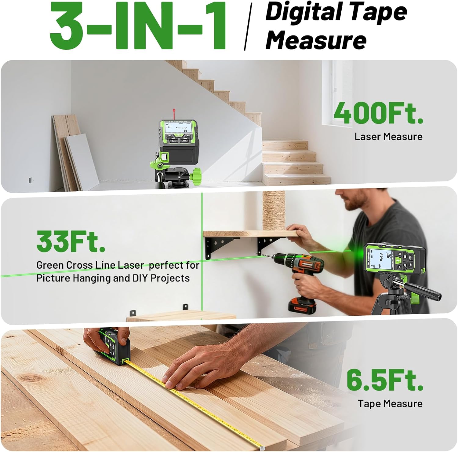 Huepar SW-T120 3-in-1 Laser Measurement Tool showing its three functions: laser measure, green cross line laser, and tape measure.