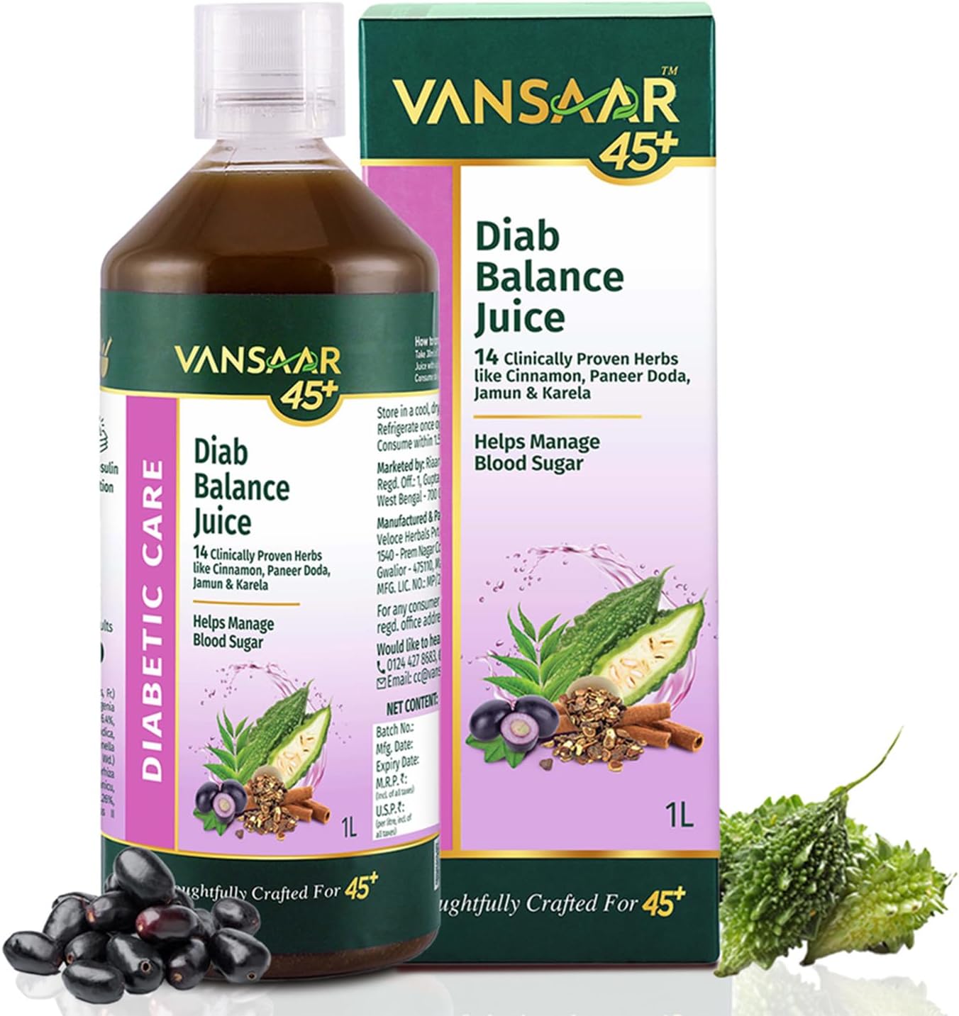45+ Diab Balance Juice, 1L | Ayurvedic Diabetic Care Juice for 45+ Adults | Karela, Jamun, Neem, Paneer Doda, Cinnamon, & 9 more natural herbs | Manages Blood Sugar & Insulin Level