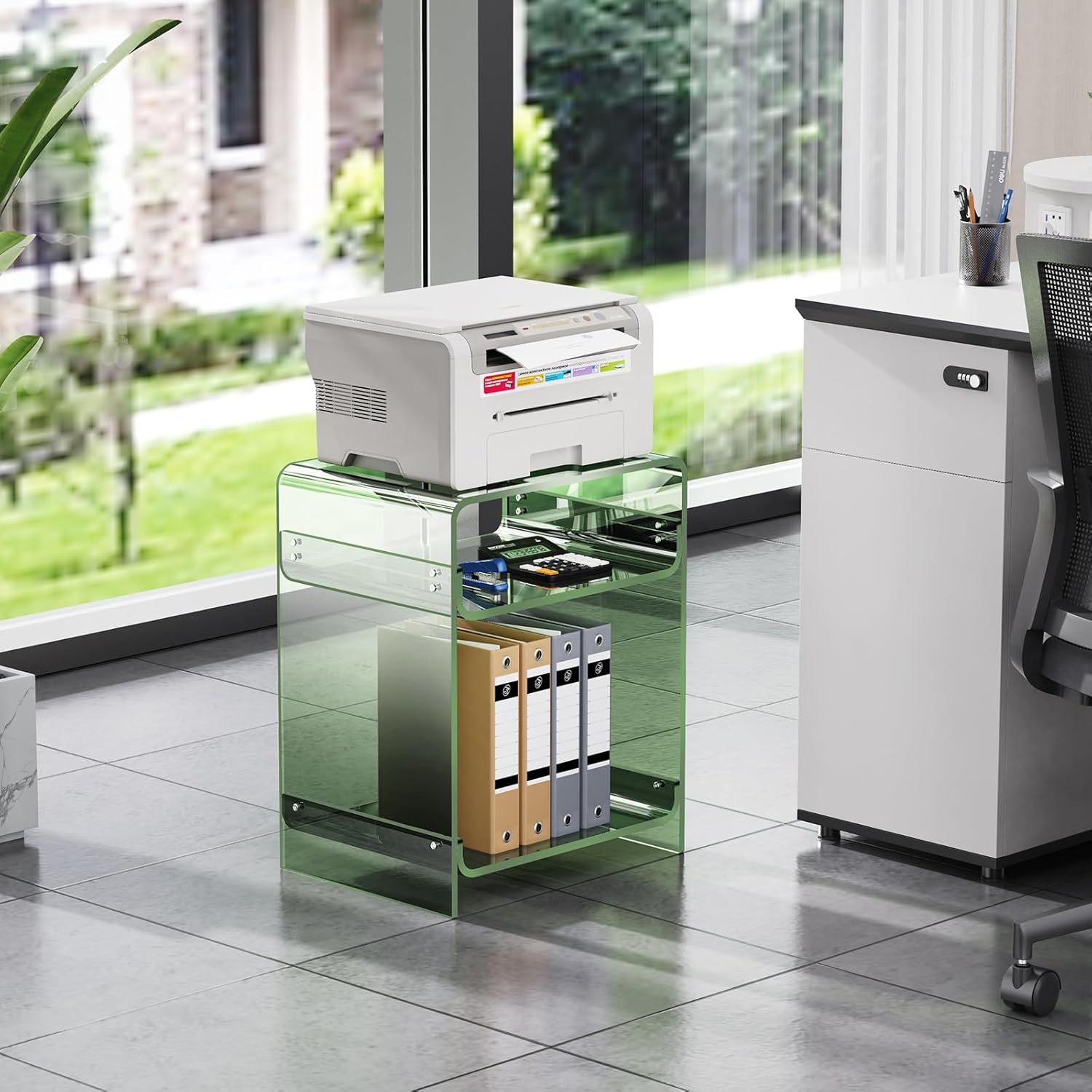 Acrylic End Table Record Player Table with Storage Shelf Clear Side Table Nightstand (15.7x19.7x11.8) (Green)