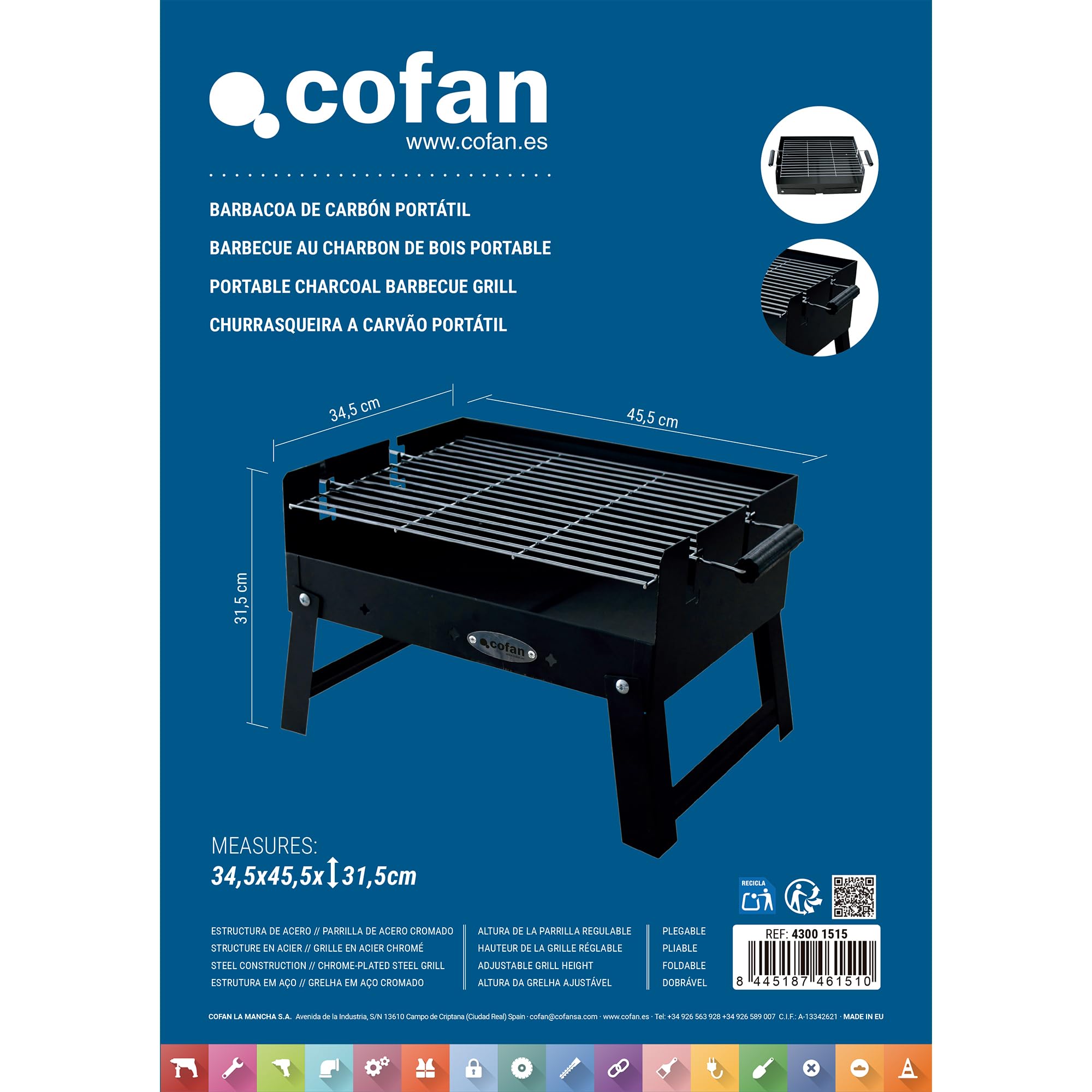 Cofan Barbacoa de carbón portátil | Parrilla de acero cromado | Barbacoa plegable | Con asas laterales | Ideal para camping, jardín y terraza | Medidas: 45,5 x 34,5 x 31,5 cm