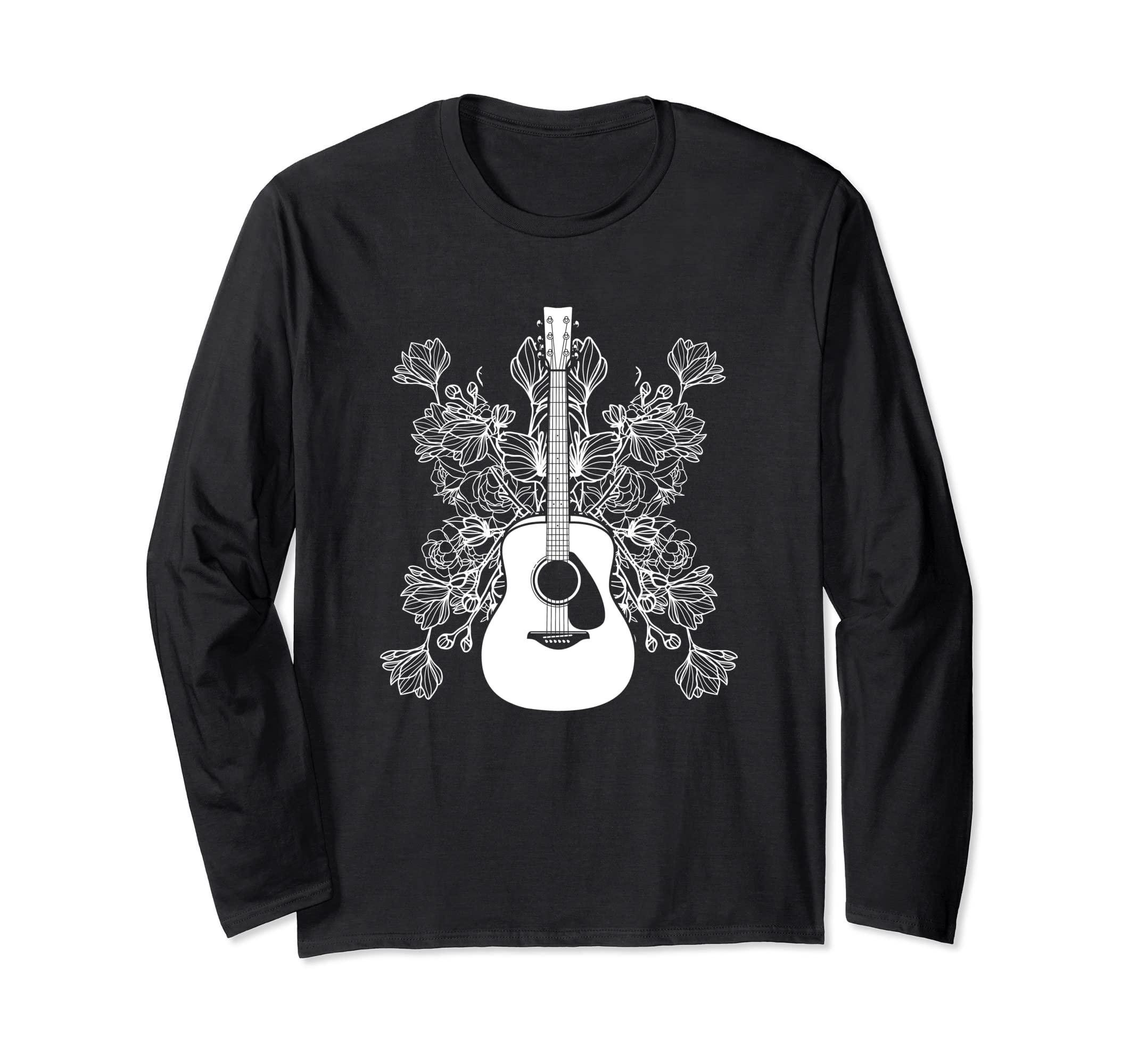 Guitarist Band Musician - Flower Floral Acoustic Guitar Long Sleeve T-Shirt, Black